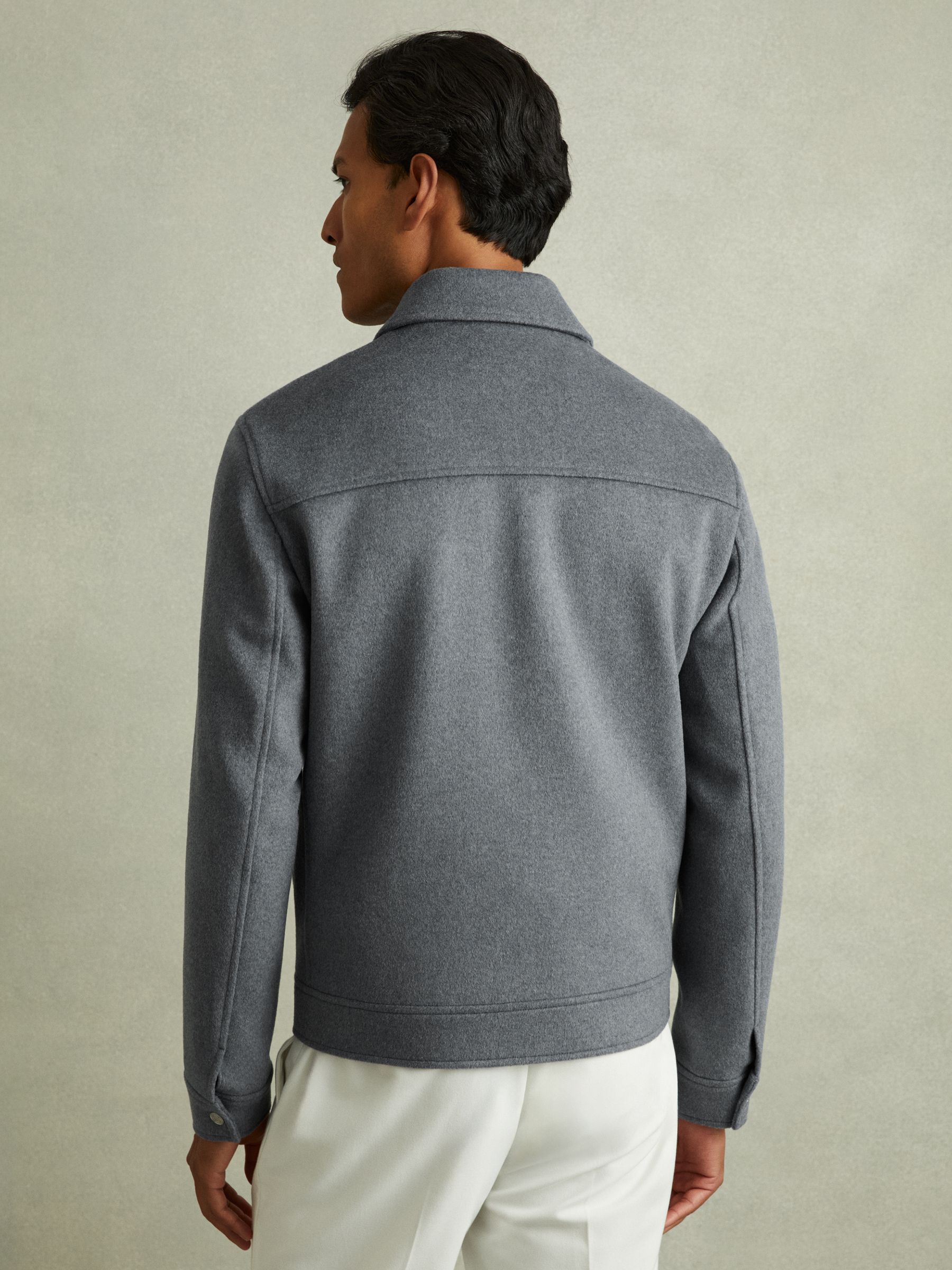 Zip-Through Trucker Jacket with Wool in Sky Blue Melange - Image 4 of 5