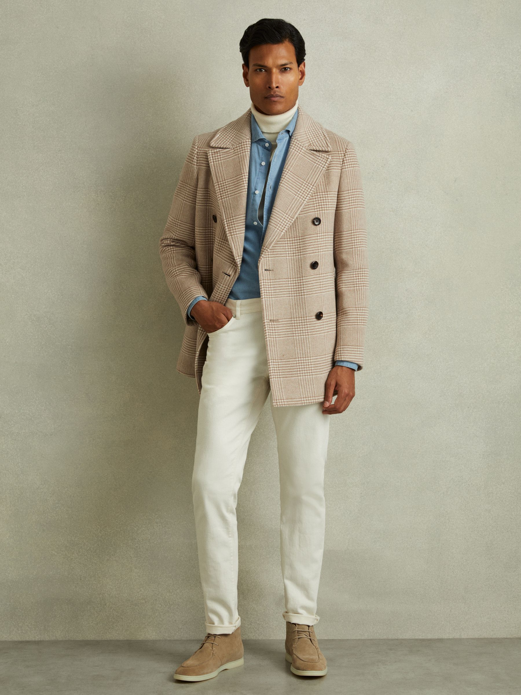 Wool Blend Double Breasted Peacoat in Oatmeal Check - Image 1 of 6