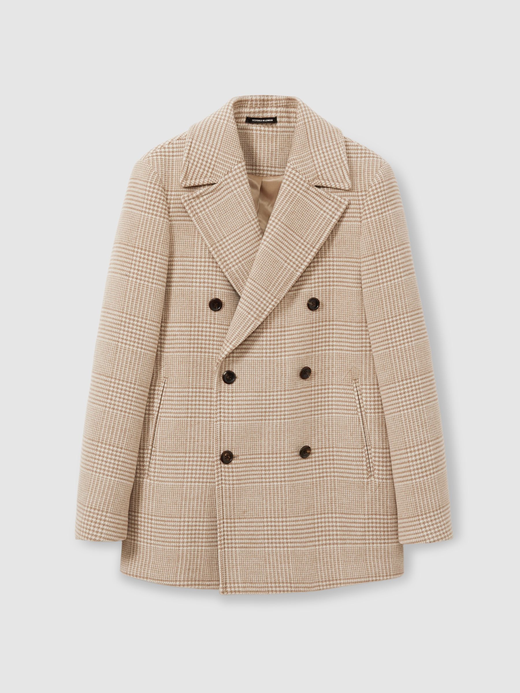 Wool Blend Double Breasted Peacoat in Oatmeal Check - Image 2 of 6