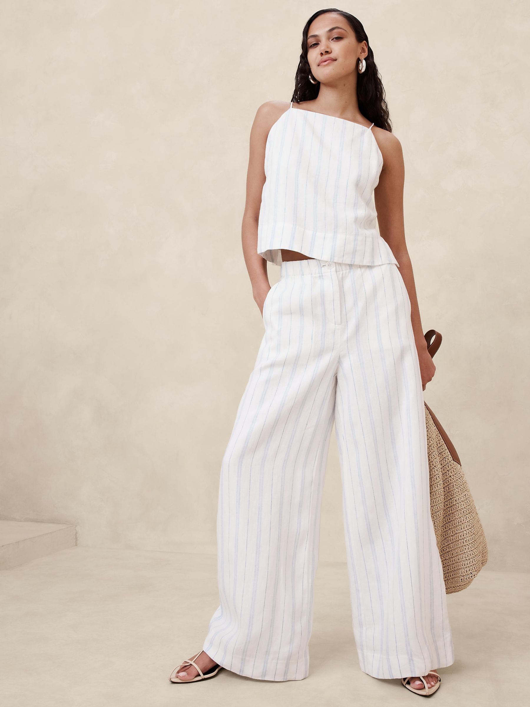 Banana Republic White/Blue Stripe Linen Pull On Trousers - Image 1 of 1
