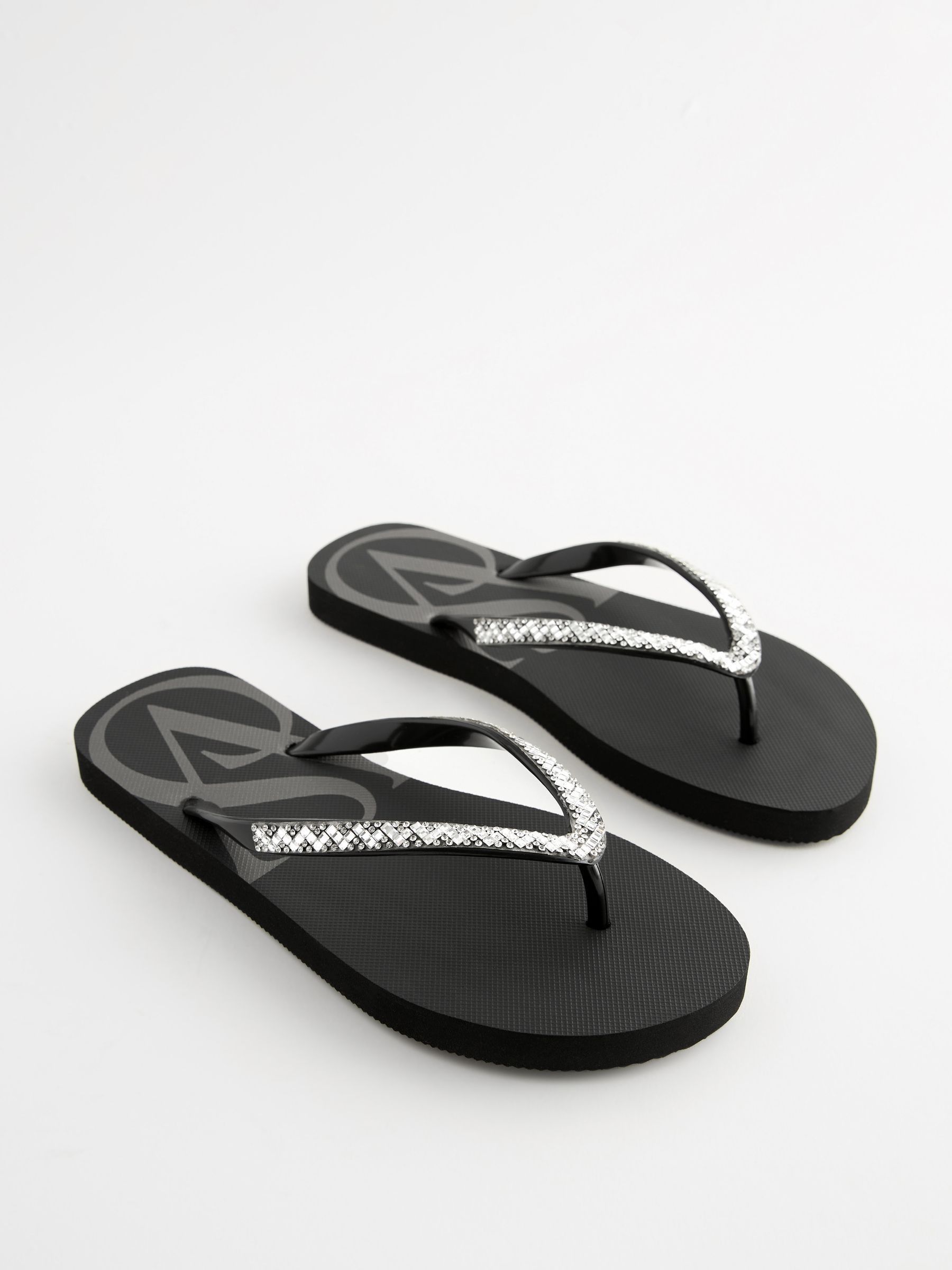 Black Diamanté Logo Flip Flops - Image 2 of 6