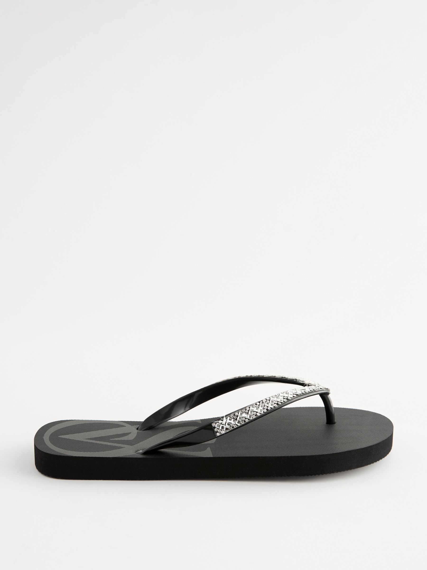 Black Diamanté Logo Flip Flops - Image 3 of 6