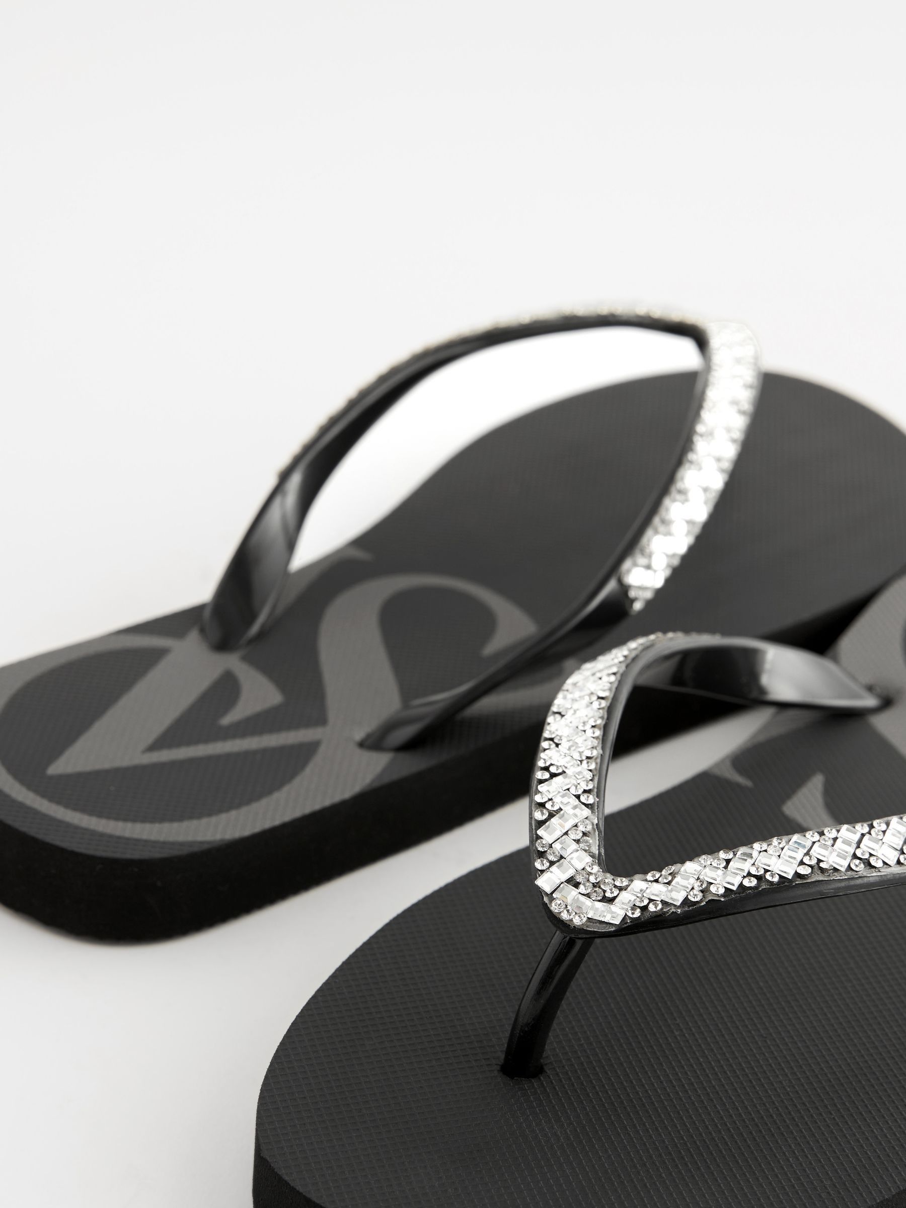 Black Diamanté Logo Flip Flops - Image 5 of 6