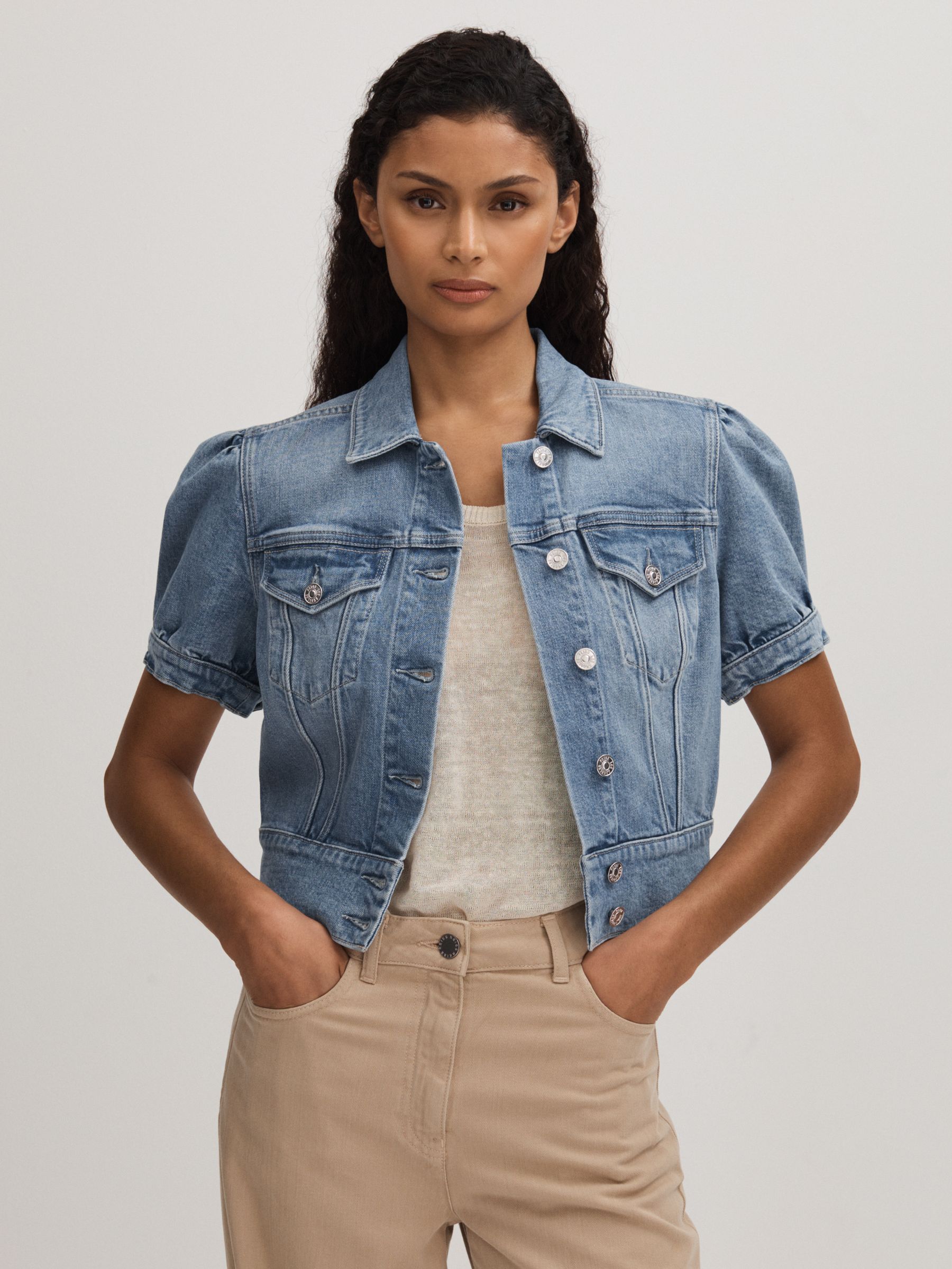 Paige Cropped Denim Jacket in Lowen Blue - Image 3 of 5