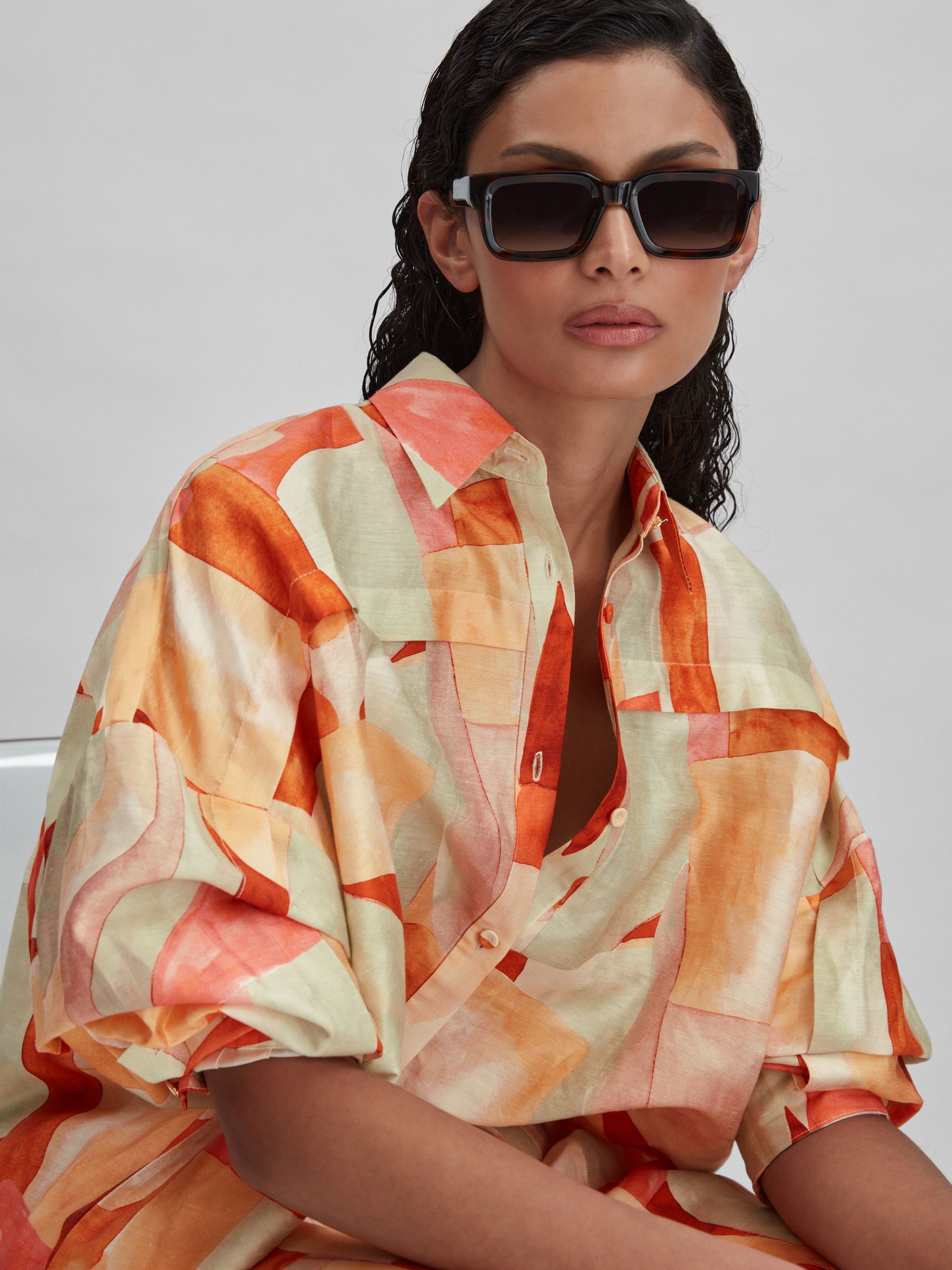 Acler Geometric Print Relaxed Fit Shirt in Orange Multi - Image 1 of 6