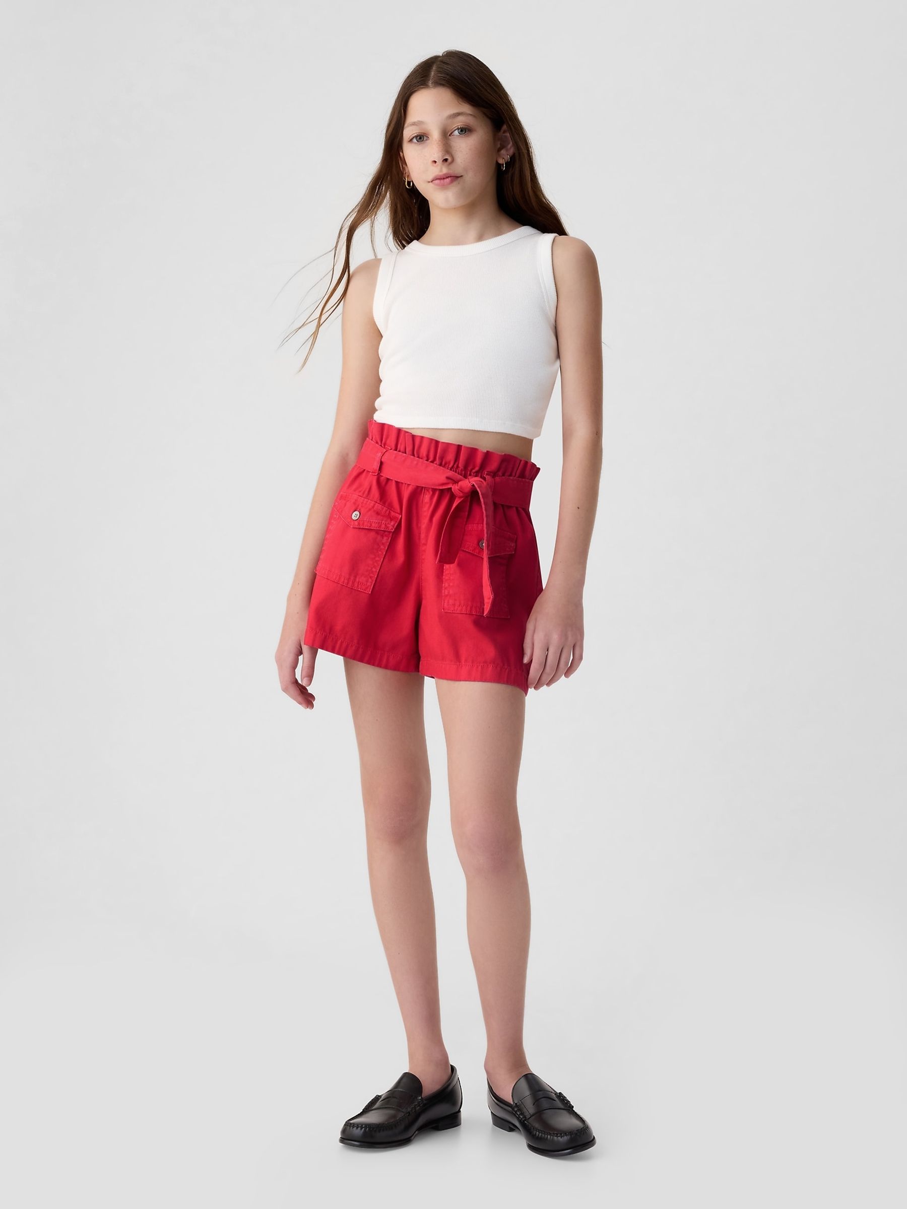 Red High Waisted Paperbag Denim Shorts (4-13yrs) - Image 1 of 5