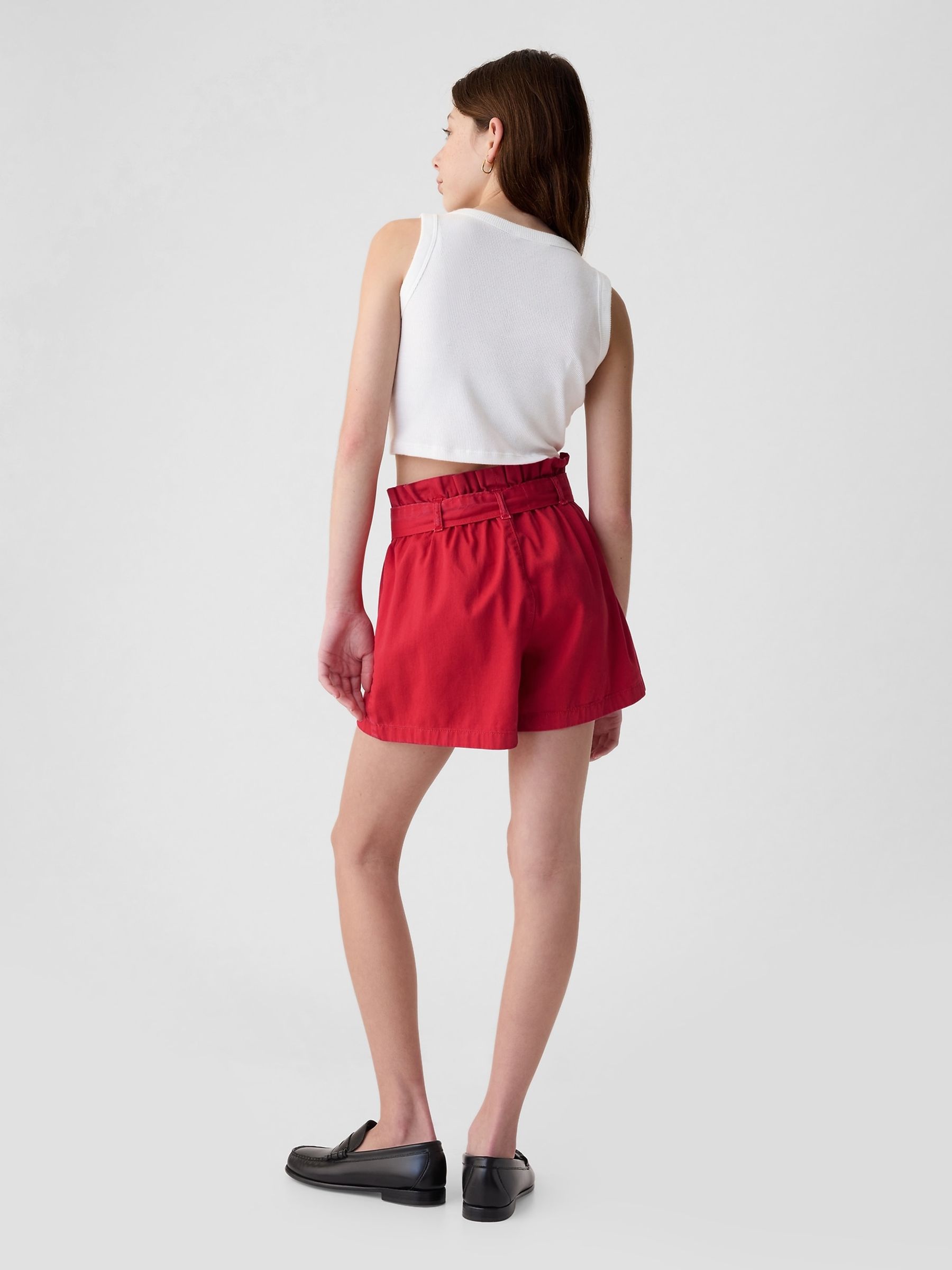 Red High Waisted Paperbag Denim Shorts (4-13yrs) - Image 2 of 5
