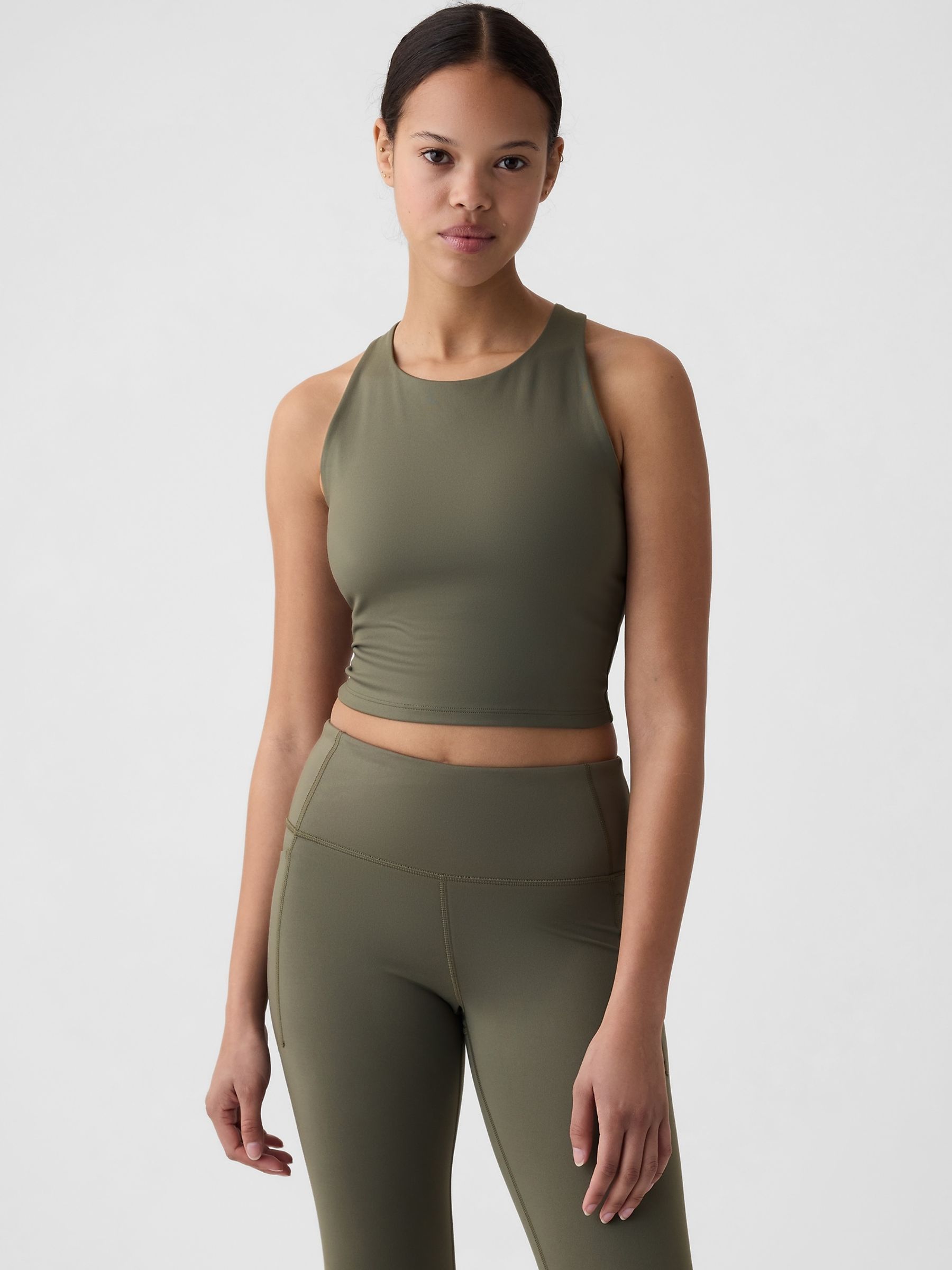 Khaki Green High Neck Cropped Racerback Bra - Image 1 of 5
