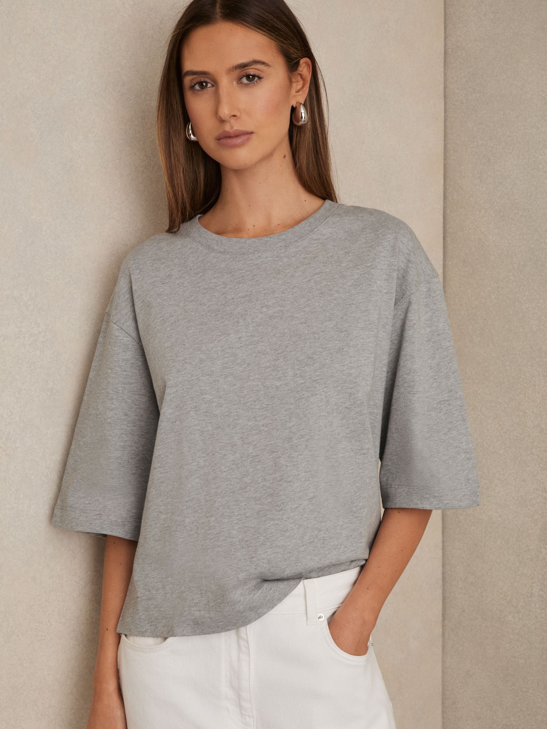 Oversized Cotton Crew Neck T-Shirt in Grey Marl - Image 1 of 6