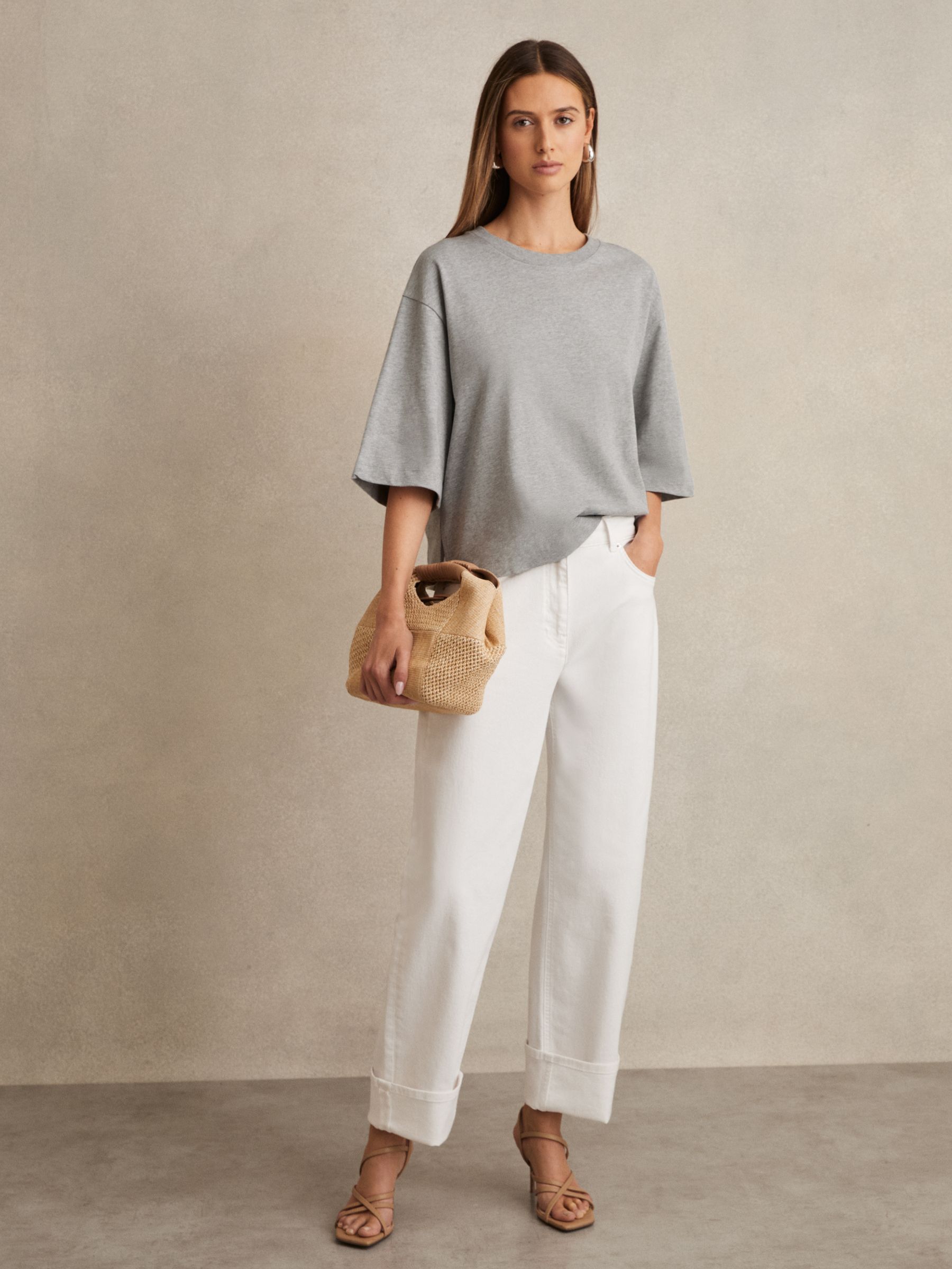 Oversized Cotton Crew Neck T-Shirt in Grey Marl - Image 3 of 6