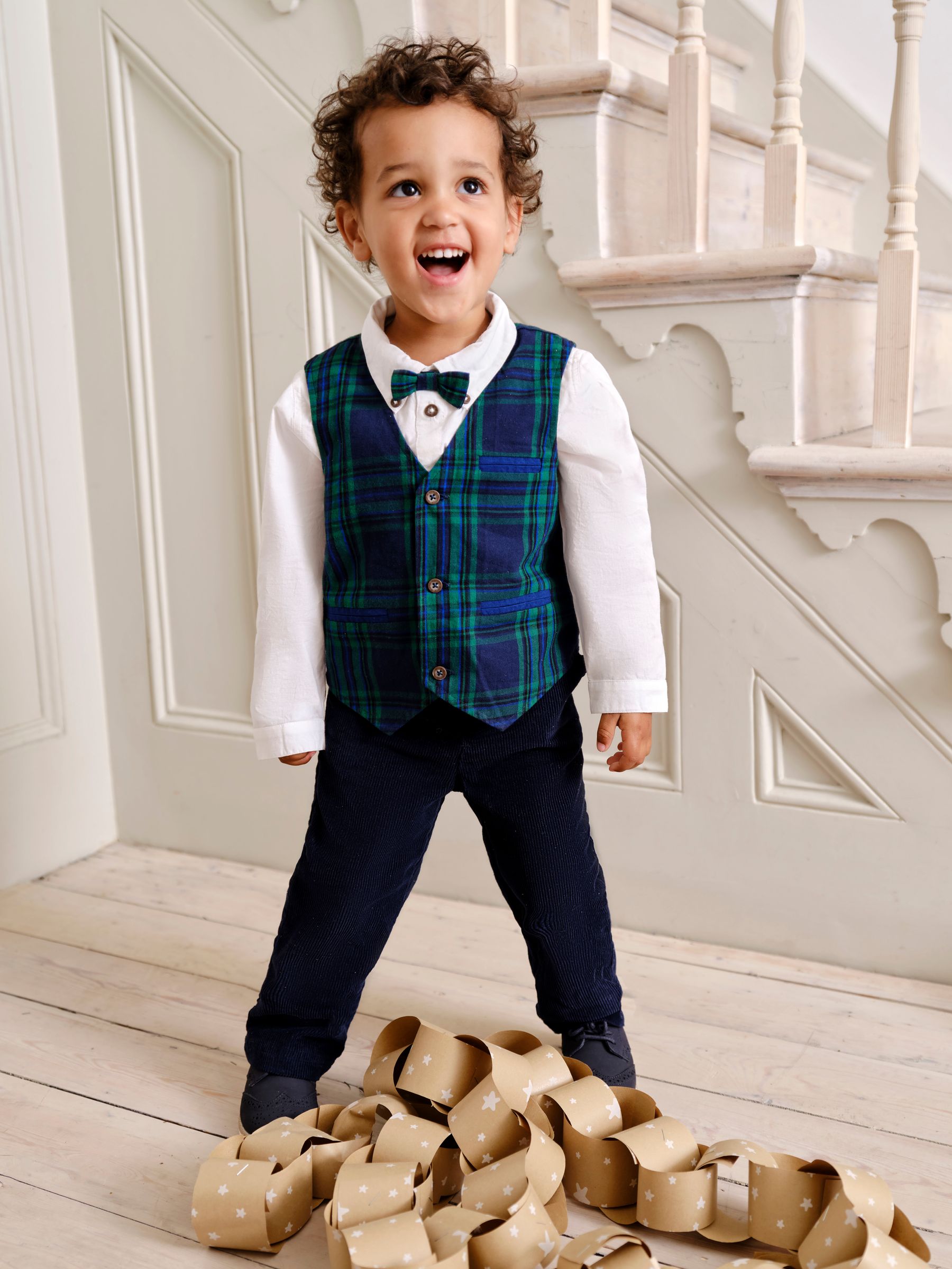 Navy Tartan Waistcoat Shirt and Trousers Set - Image 1 of 12