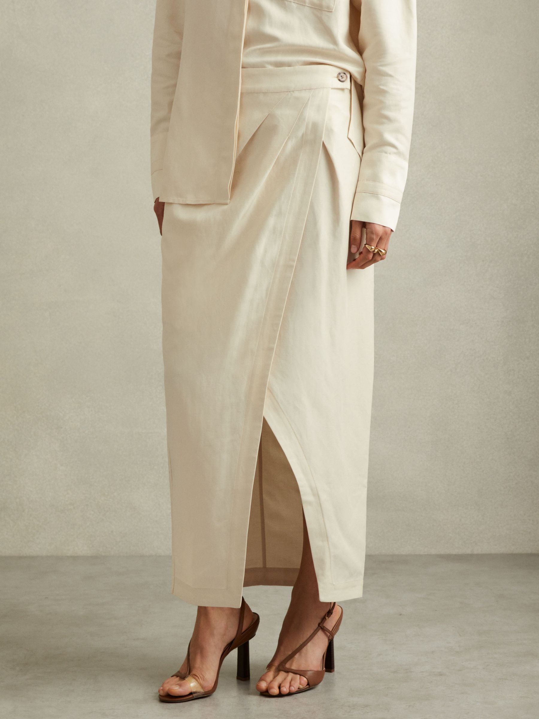 Caro Beige Wrap Front Midi Skirt with Linen - Image 3 of 6