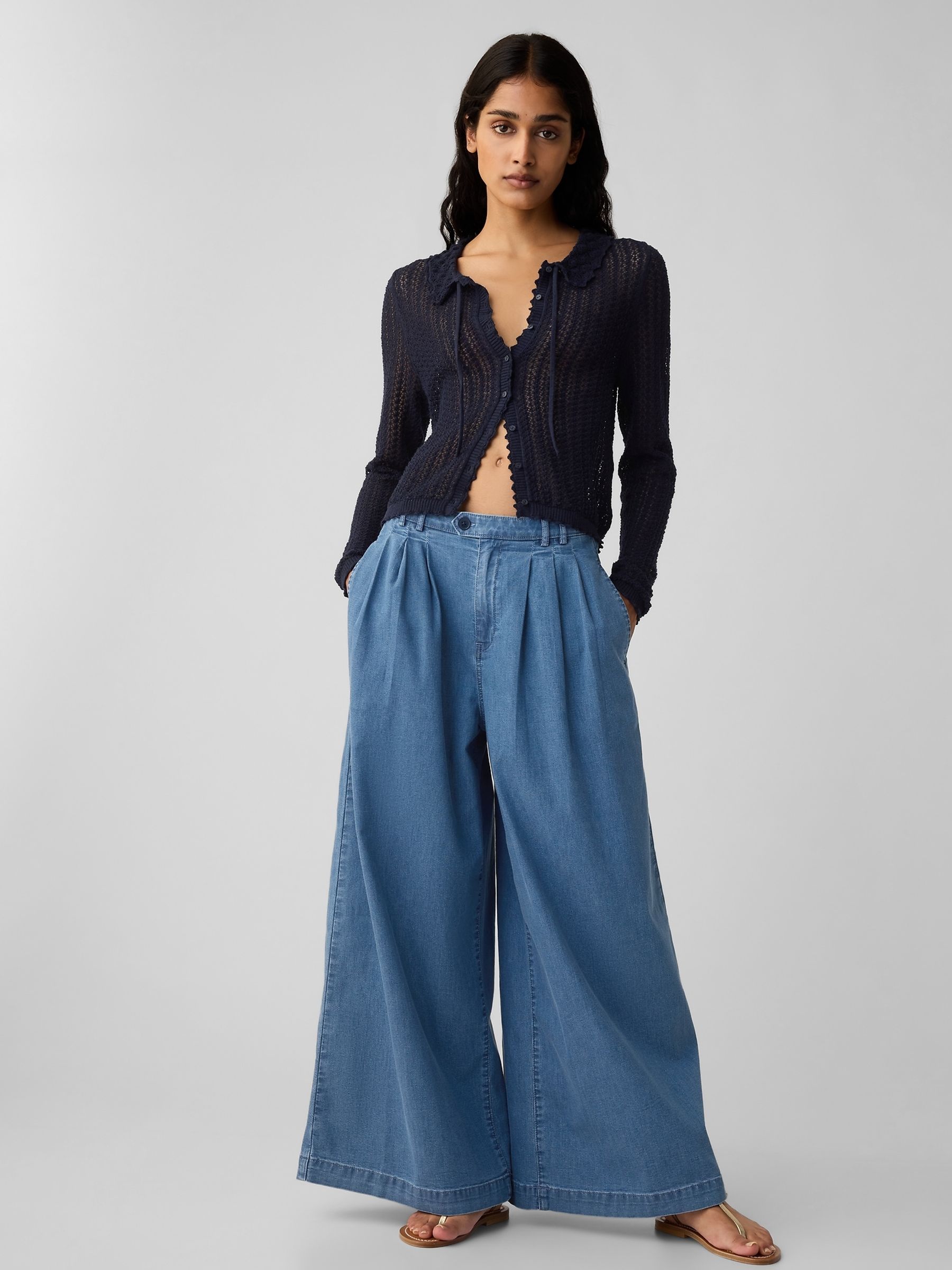 Blue DÔEN High Waisted Wide Leg Denim Trousers - Image 1 of 5