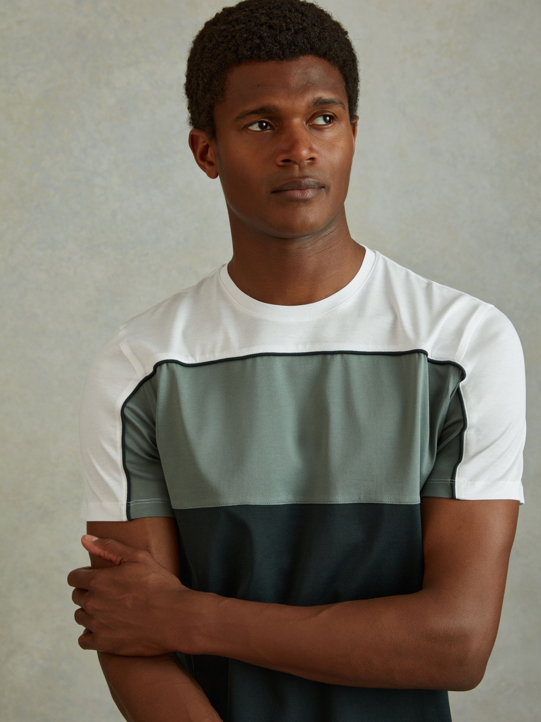 Mercerised Cotton Colourblock Crew Neck T-Shirt in Dark Green/White - Image 1 of 5 Mercerised Cotton Colourblock Crew Neck T-Shirt in Dark Green/White - Image 1 of 5