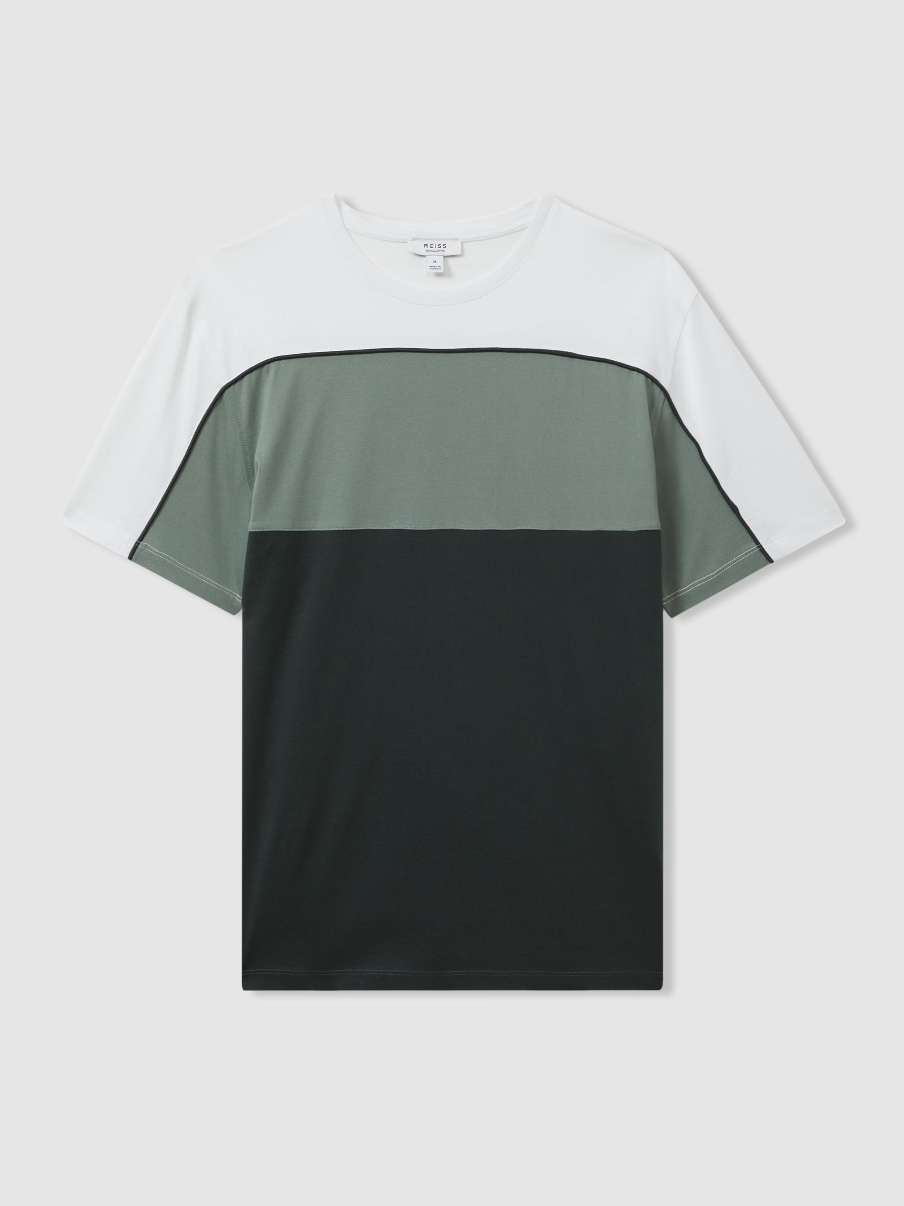 Mercerised Cotton Colourblock Crew Neck T-Shirt in Dark Green/White - Image 2 of 5 Mercerised Cotton Colourblock Crew Neck T-Shirt in Dark Green/White - Image 2 of 5