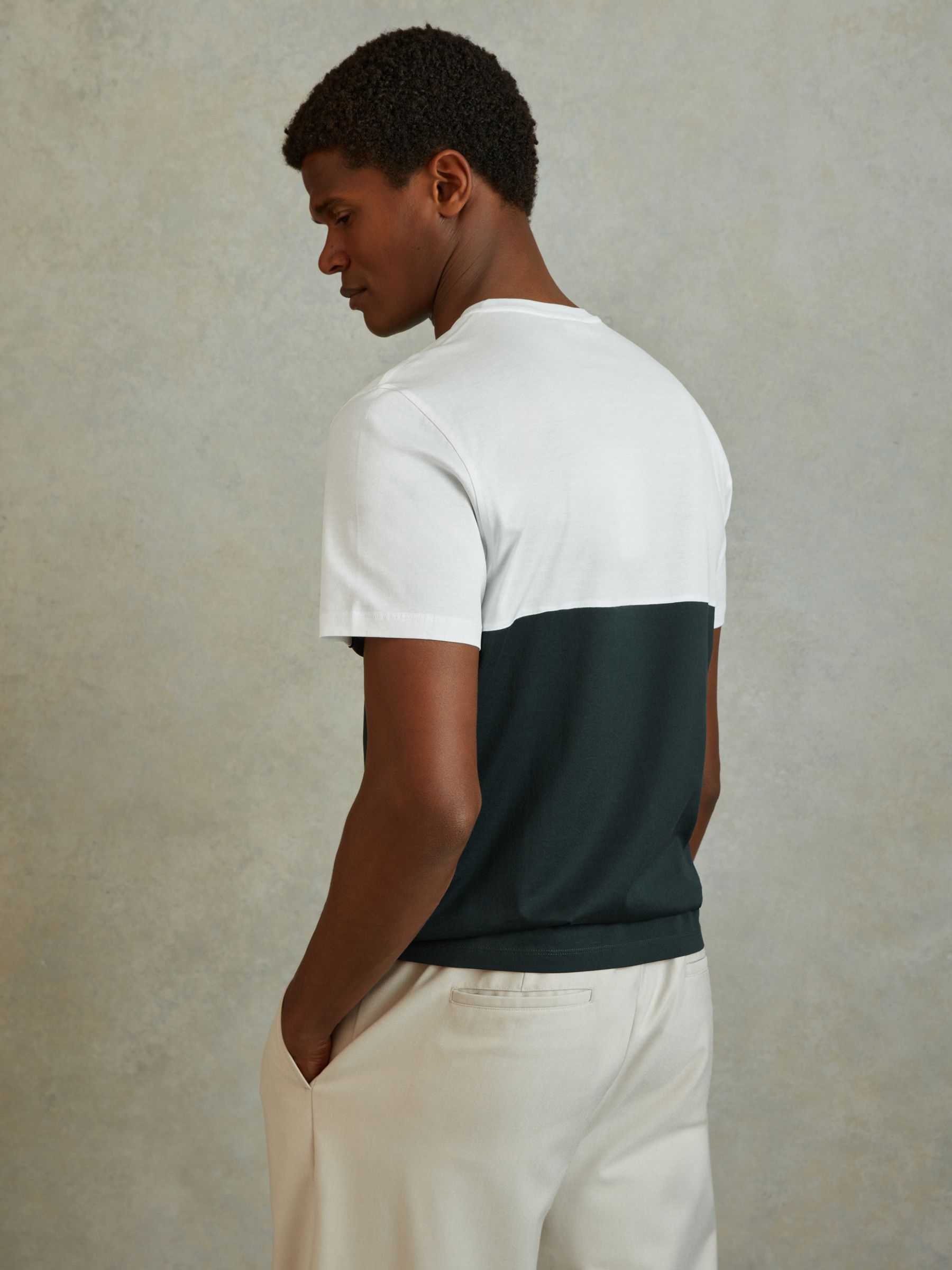 Mercerised Cotton Colourblock Crew Neck T-Shirt in Dark Green/White - Image 4 of 5
