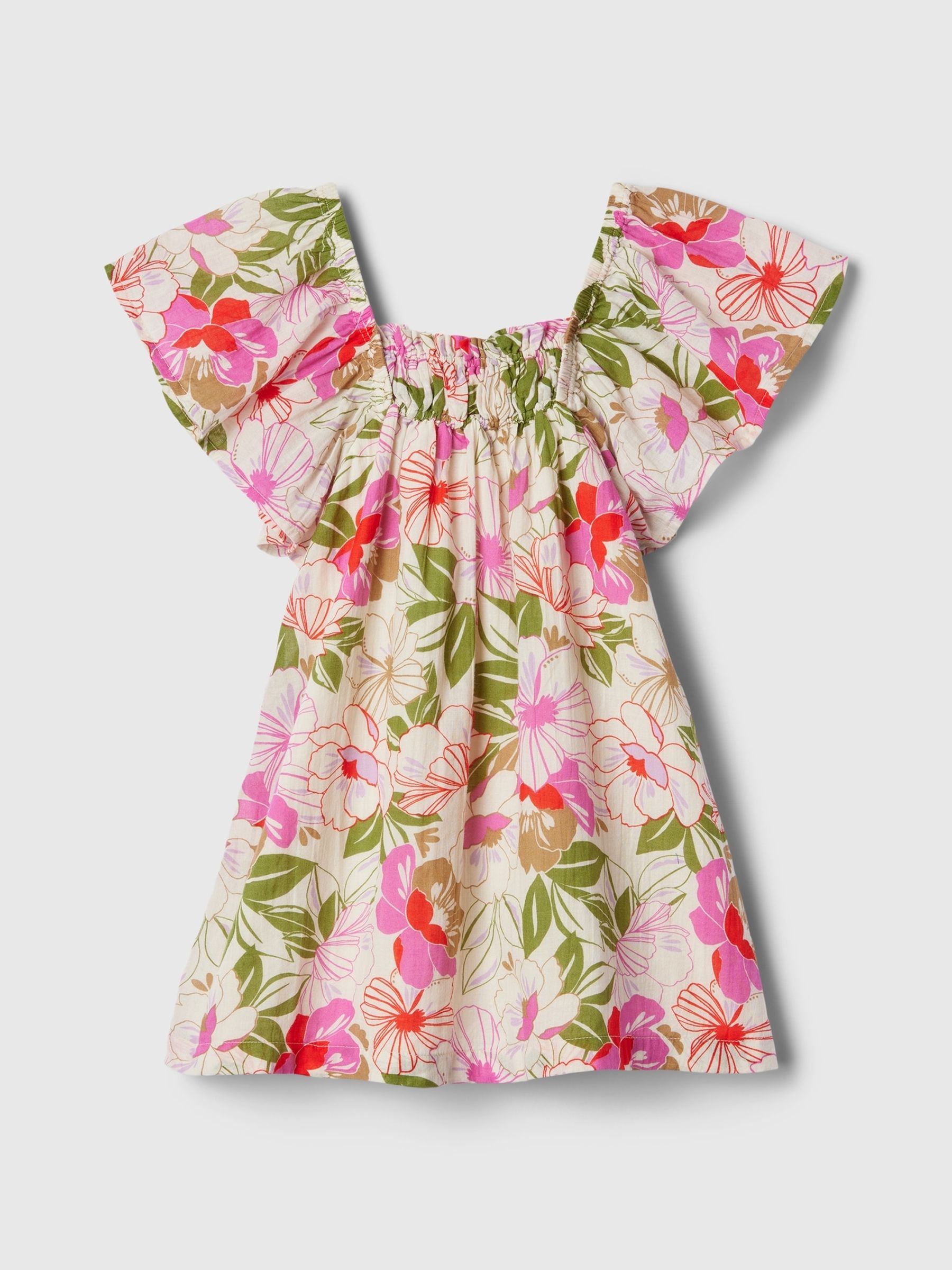 Neutral Floral Smocked Print Flutter Sleeve Dress (12mths-5yrs) - Image 1 of 3
