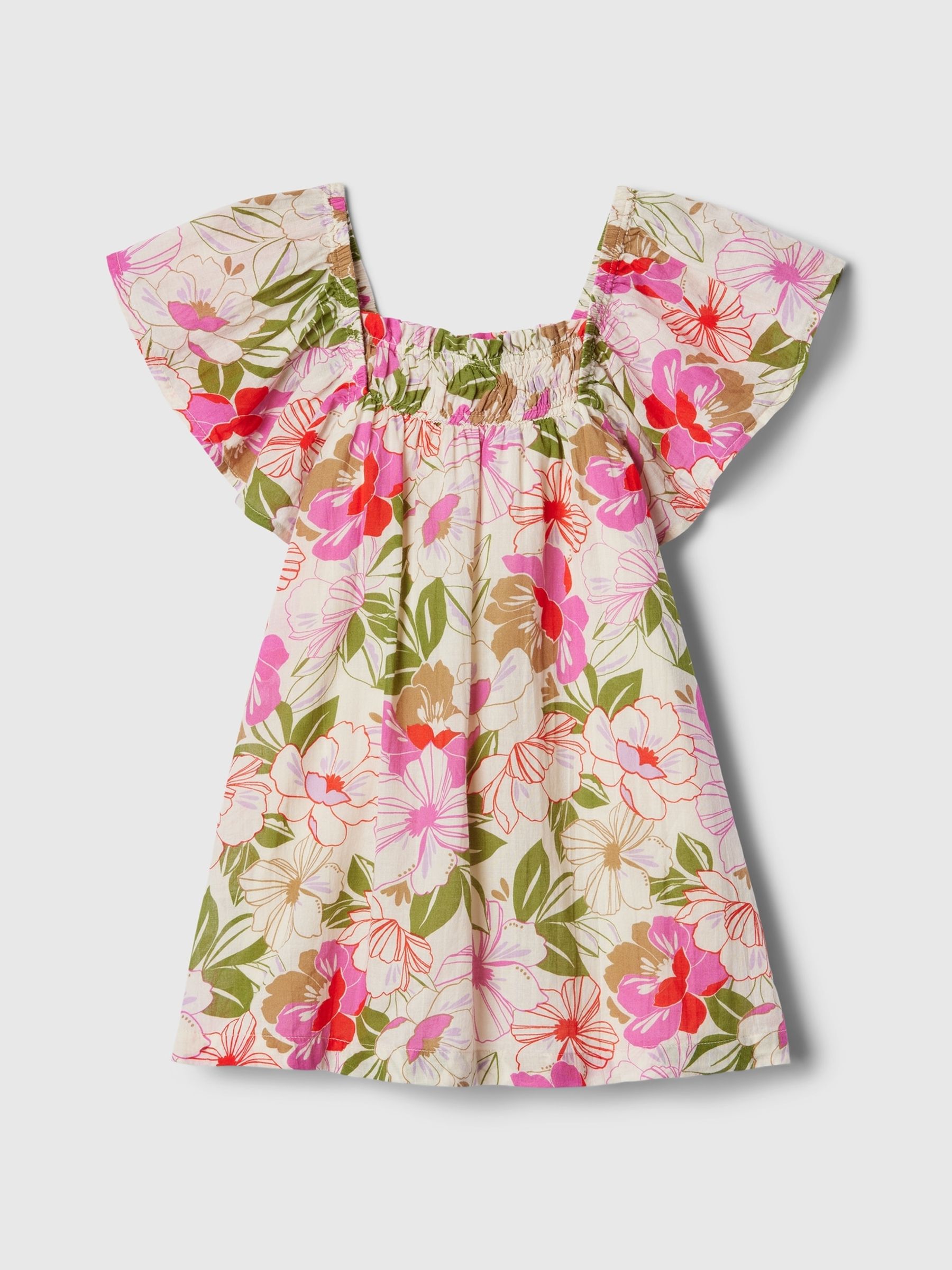 Neutral Floral Smocked Print Flutter Sleeve Dress (12mths-5yrs) - Image 2 of 3