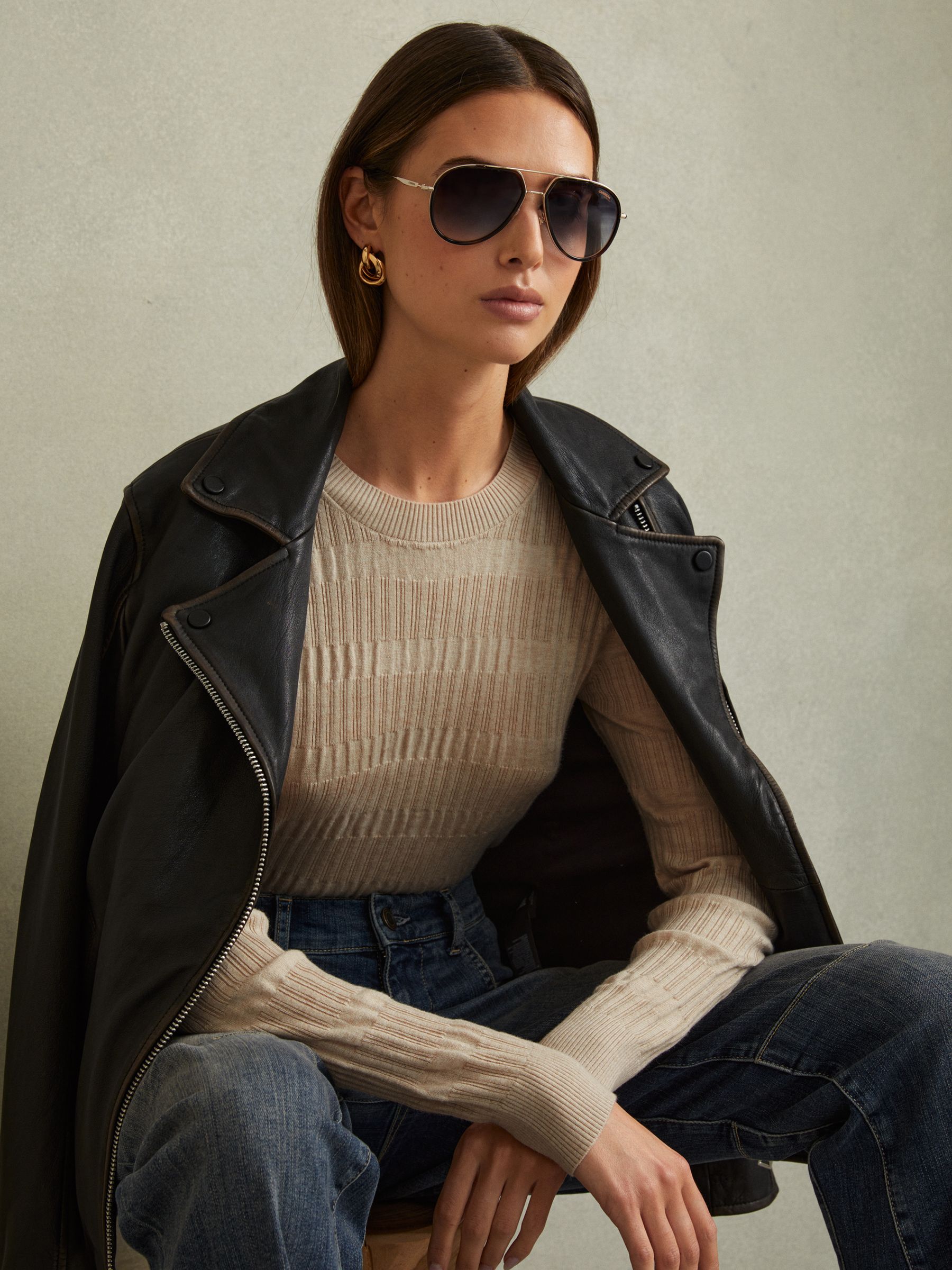 Ribbed Crew Neck Top in Stone - Image 1 of 5