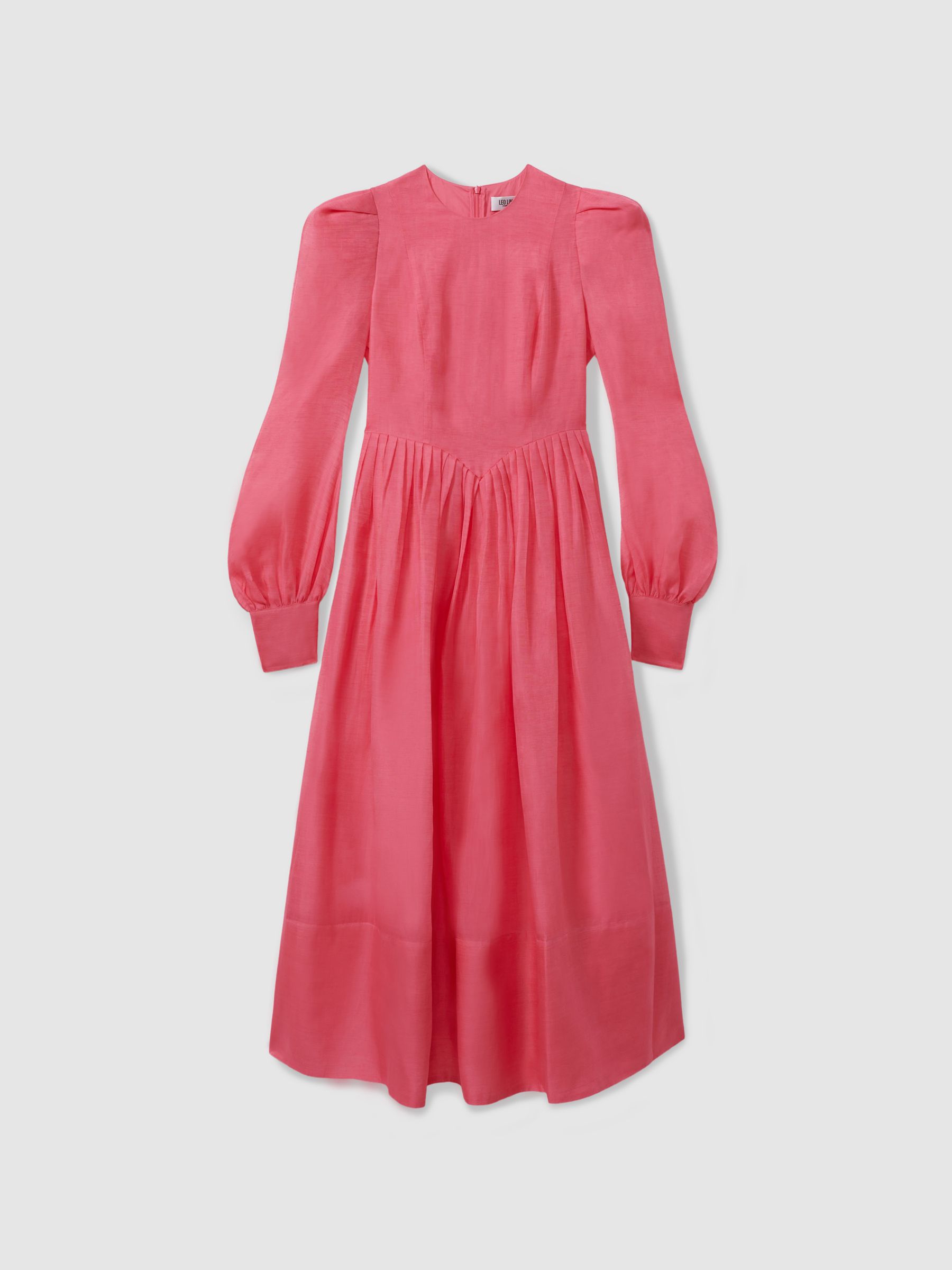 Leo Lin Silk-Linen Bishop Sleeve Midi Dress in Watermelon - Image 1 of 5