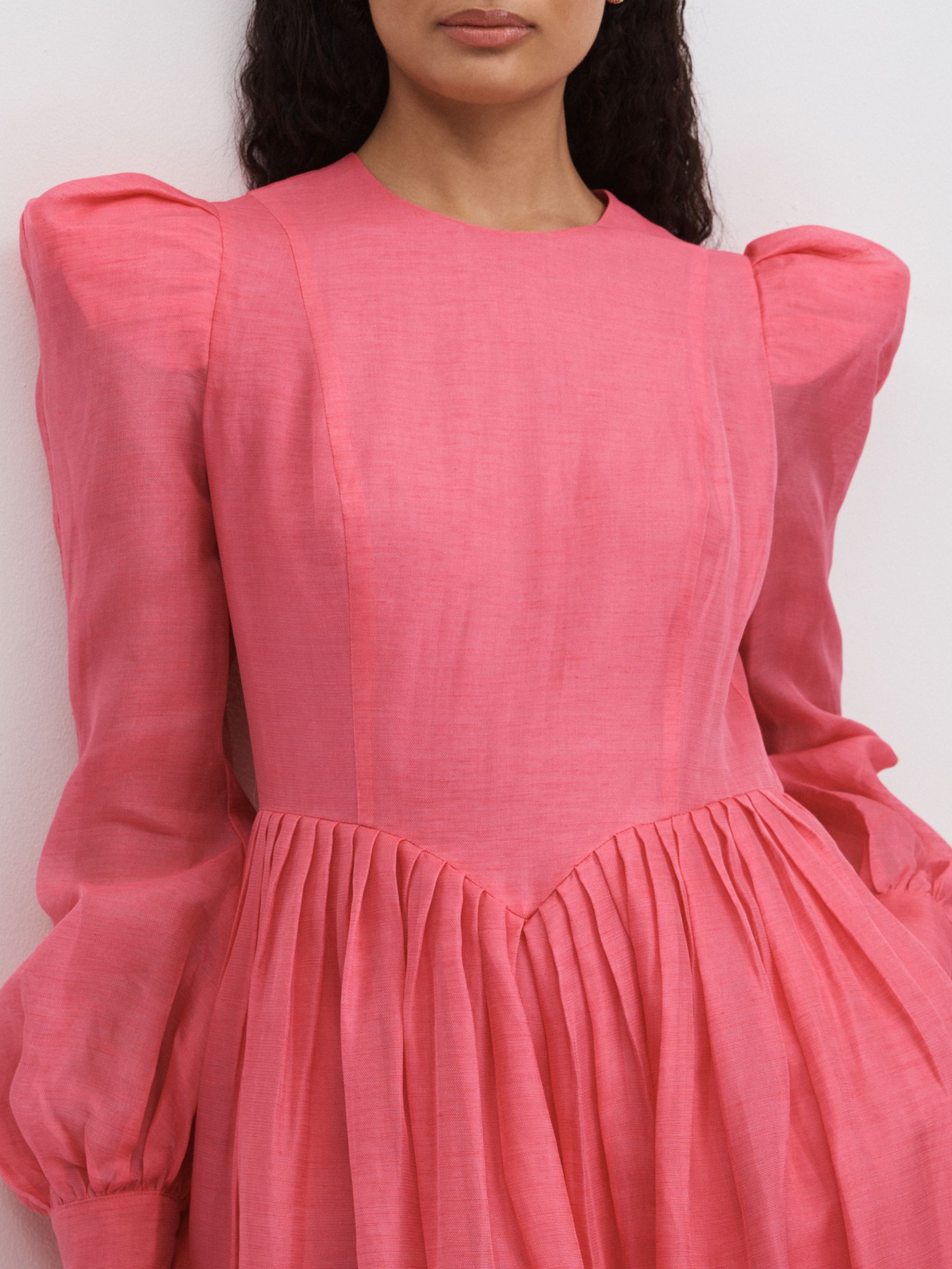 Leo Lin Silk-Linen Bishop Sleeve Midi Dress in Watermelon - Image 3 of 5