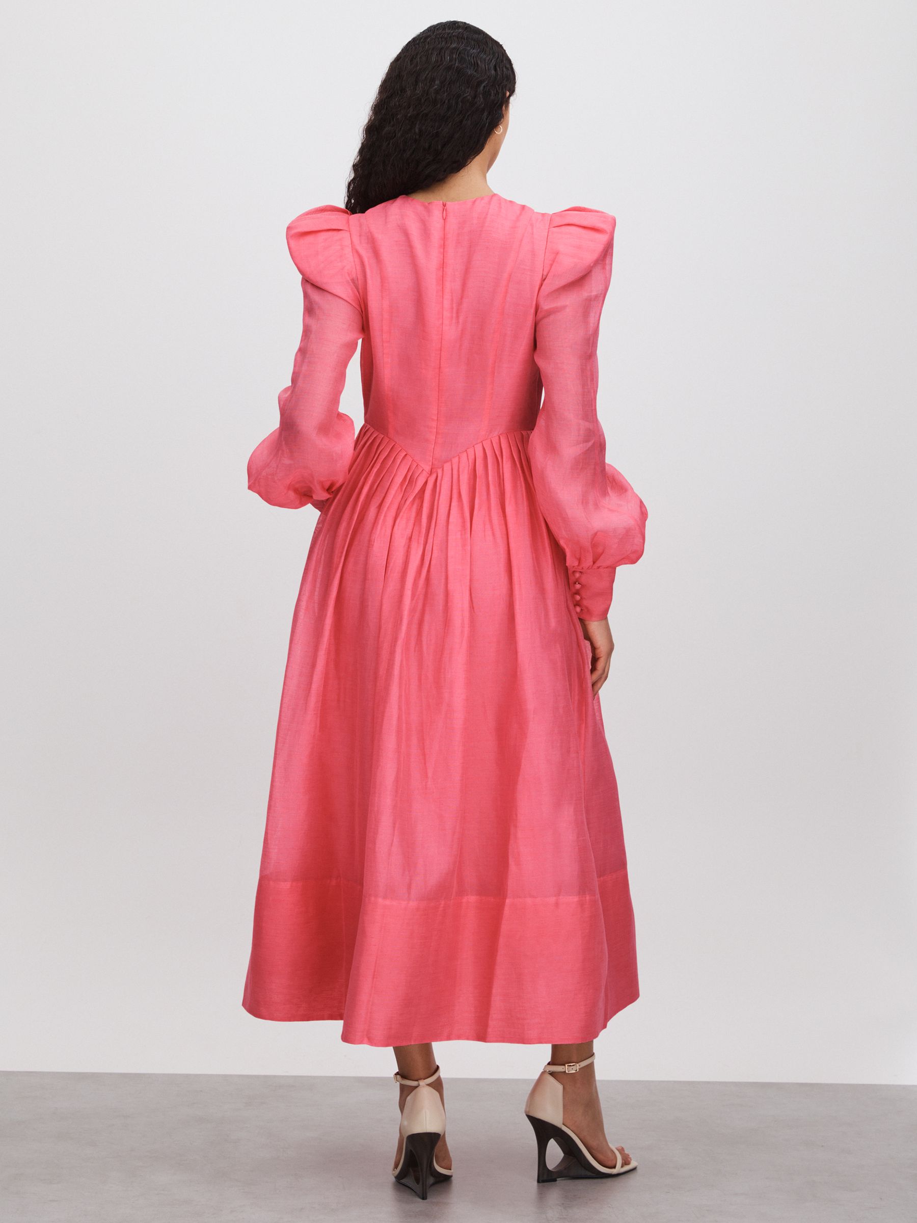 Leo Lin Silk-Linen Bishop Sleeve Midi Dress in Watermelon - Image 4 of 5