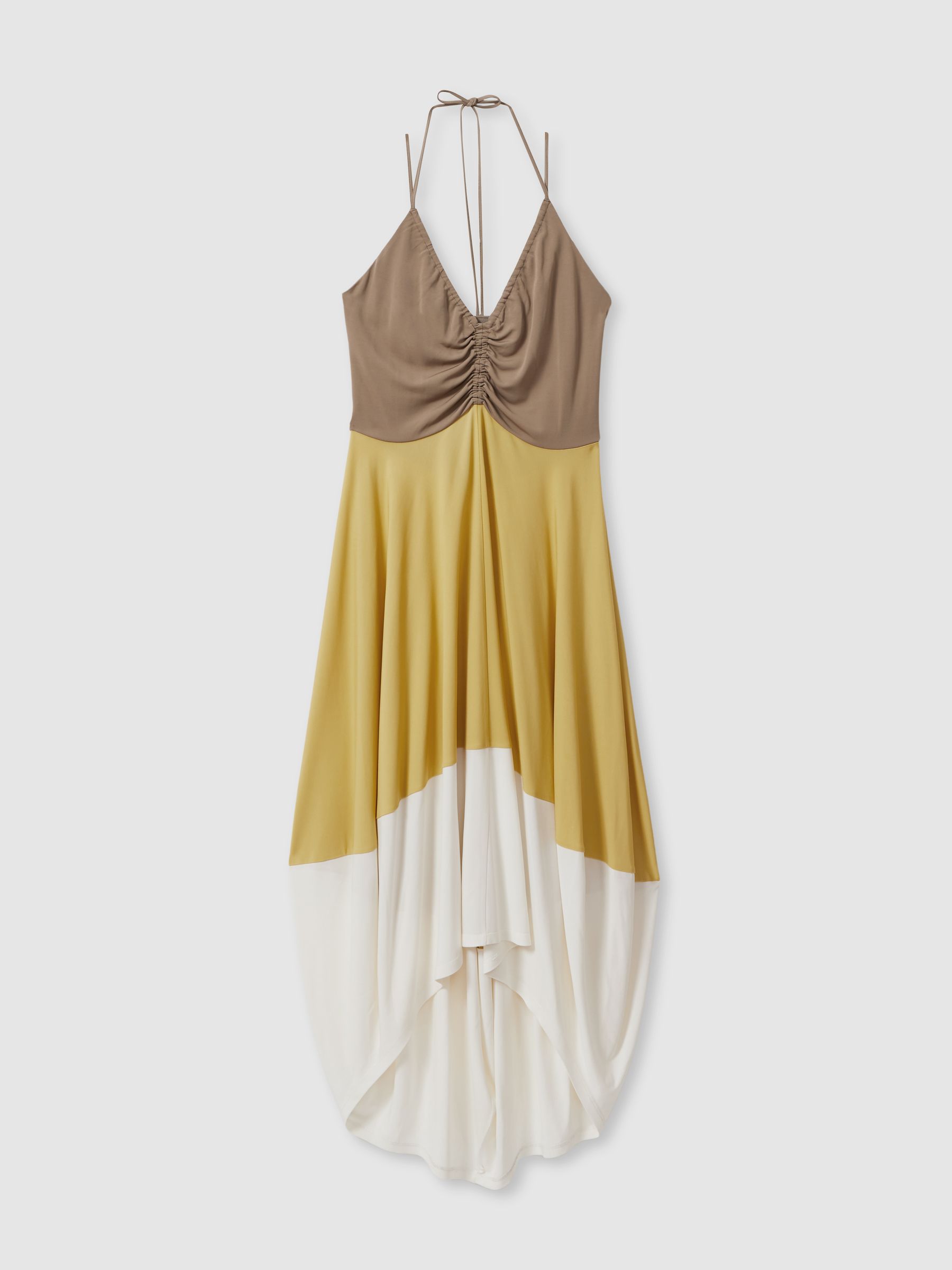 Colourblock Ruched Midi Dress in Yellow/Neutral - Image 2 of 5