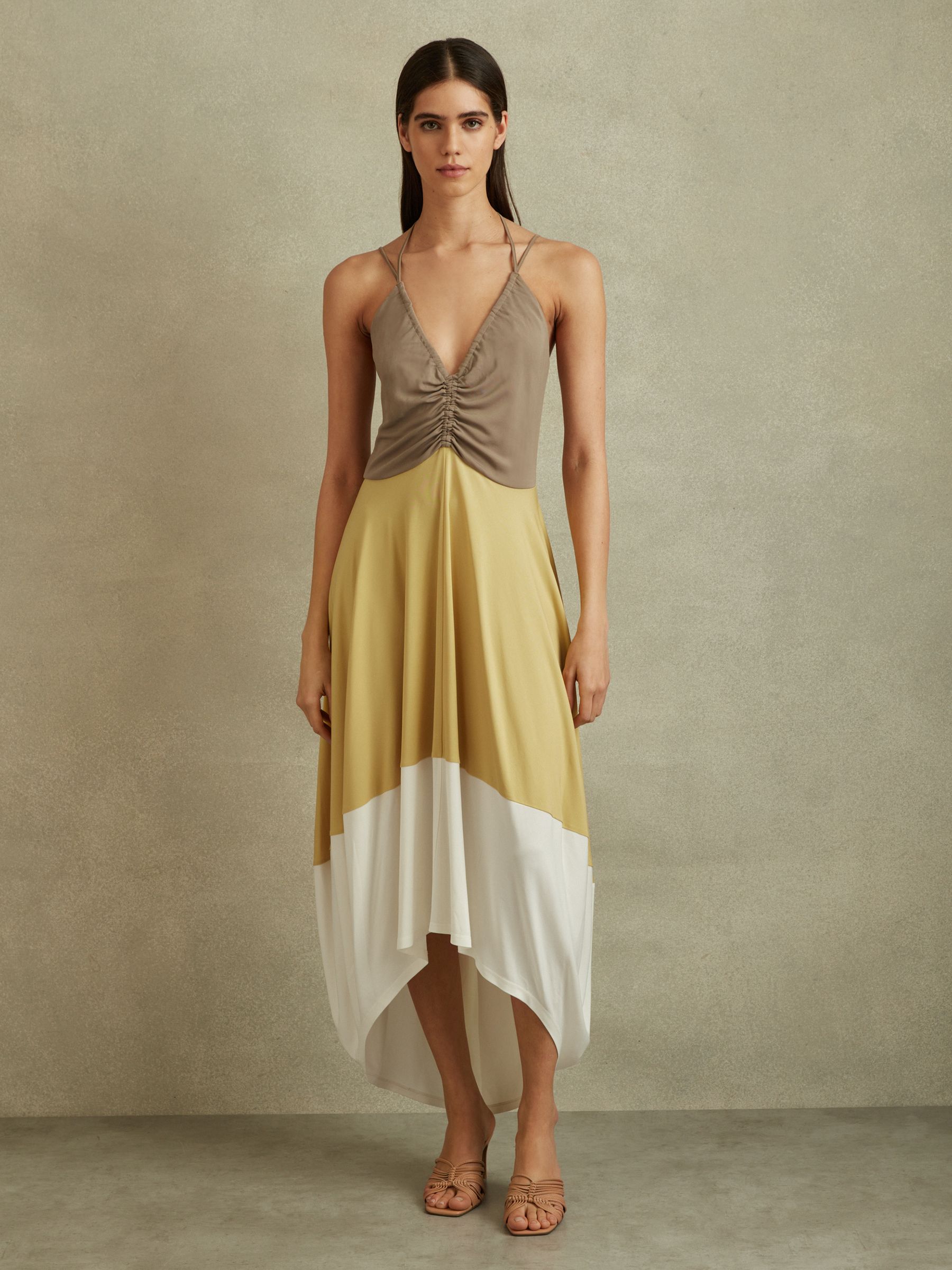 Colourblock Ruched Midi Dress in Yellow/Neutral - Image 3 of 5