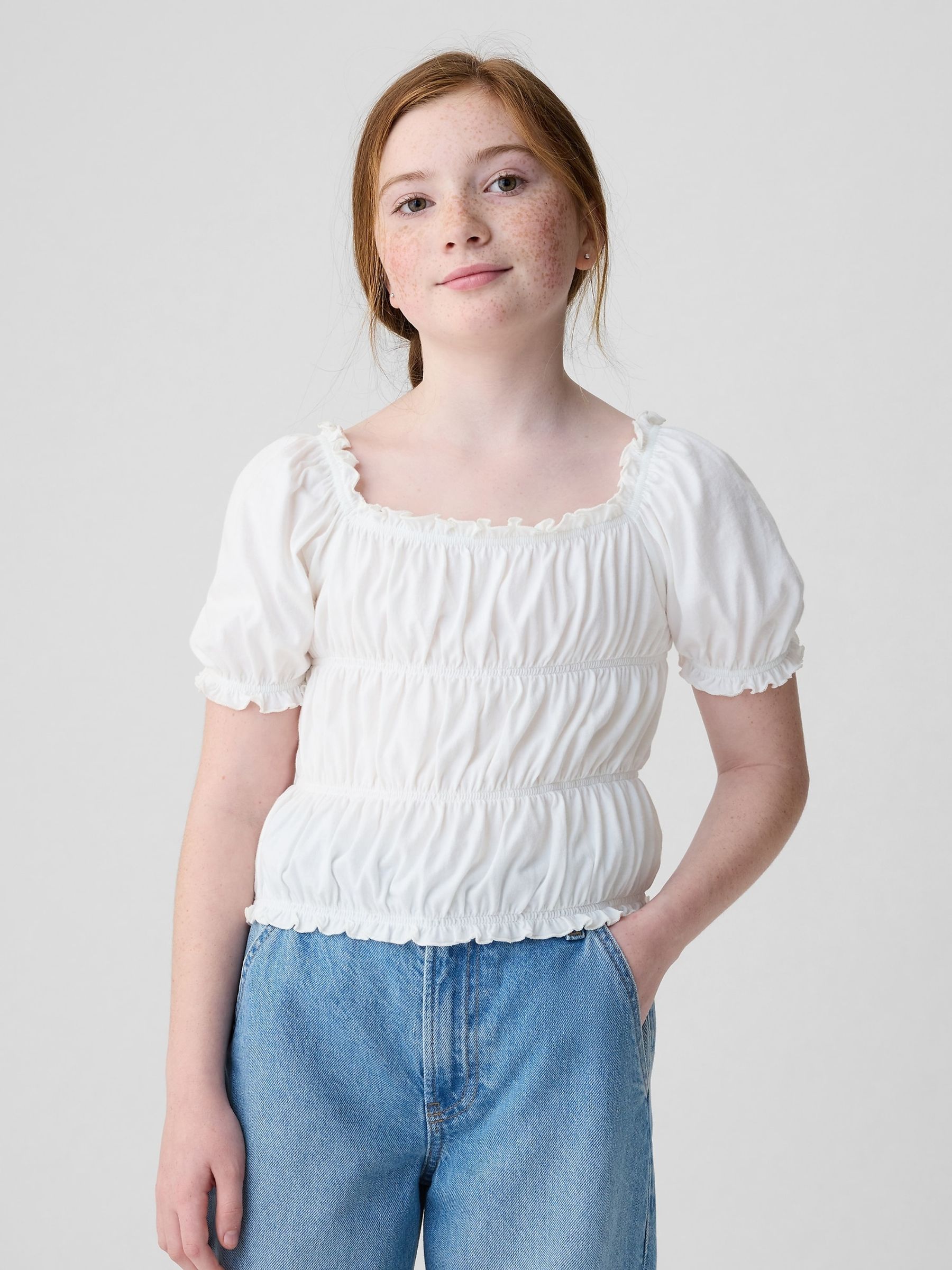 White Square Neck Puff Sleeve Smocked Top (4-13yrs) - Image 1 of 4
