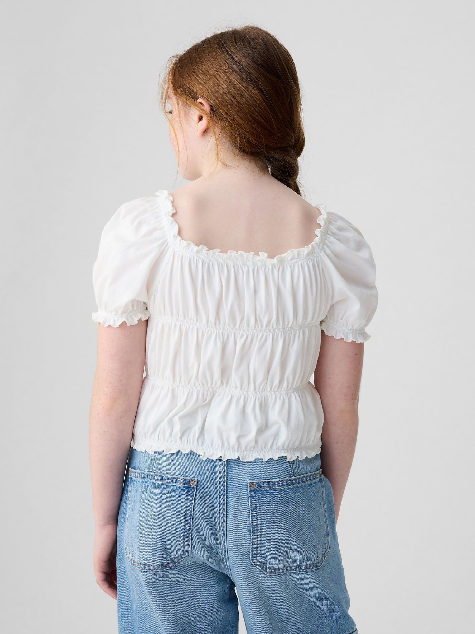 White Square Neck Puff Sleeve Smocked Top (4-13yrs) - Image 2 of 4