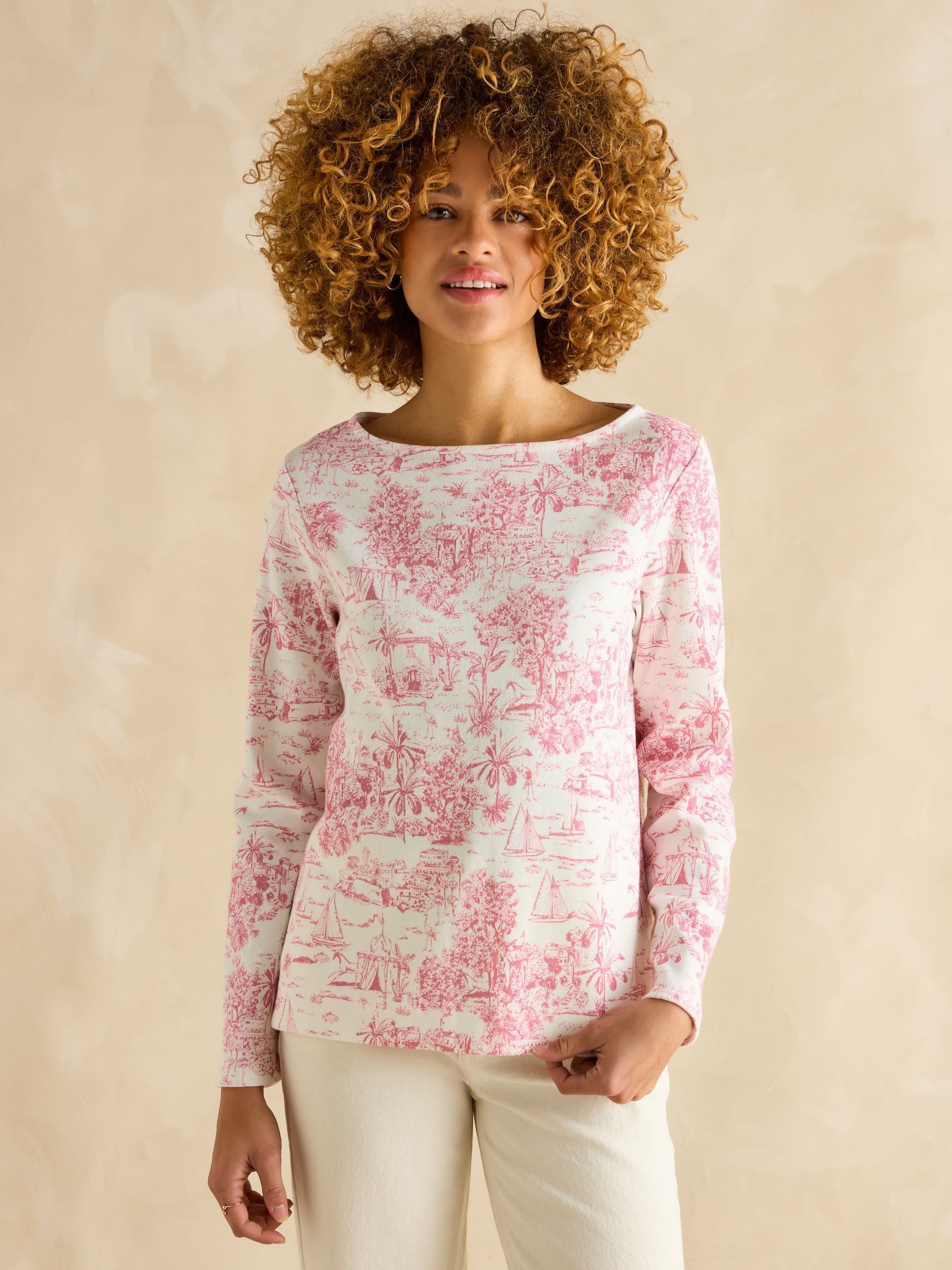 Harbour Pink Toile de Jouy Boat Neck Printed Top | Joules