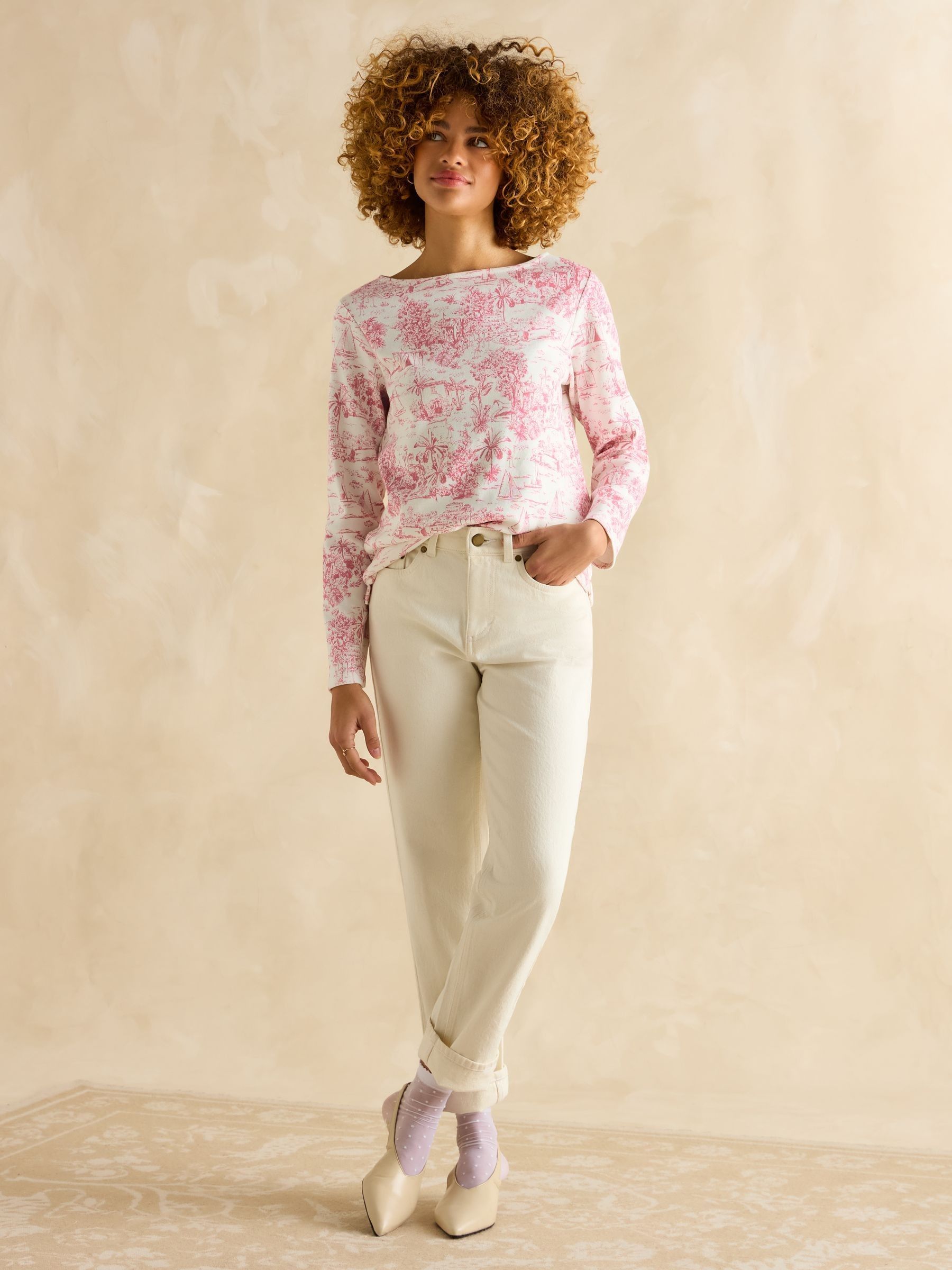 Harbour Pink Toile de Jouy Boat Neck Printed Top | Joules
