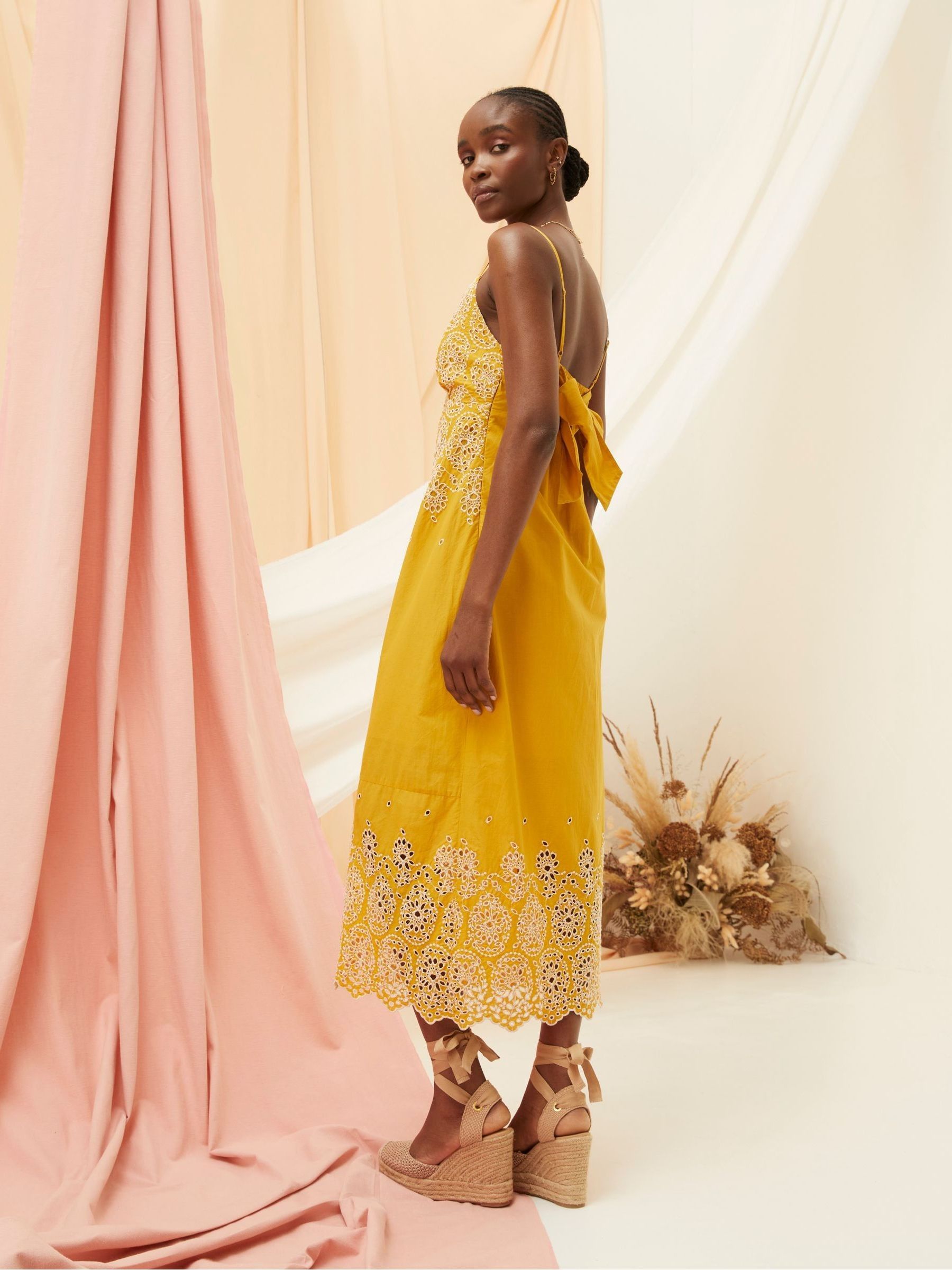 Daisy Yellow Broderie Midi Dress - Image 2 of 7