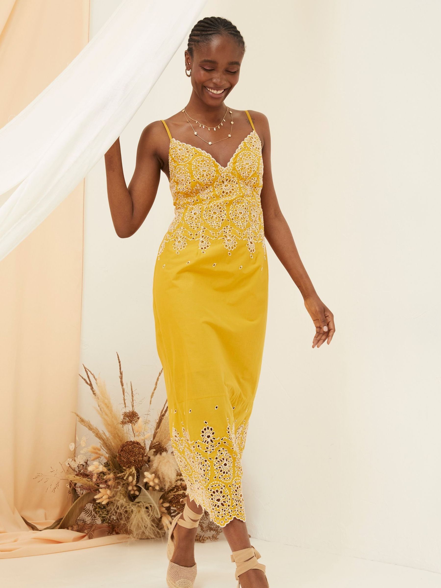 Daisy Yellow Broderie Midi Dress - Image 6 of 7