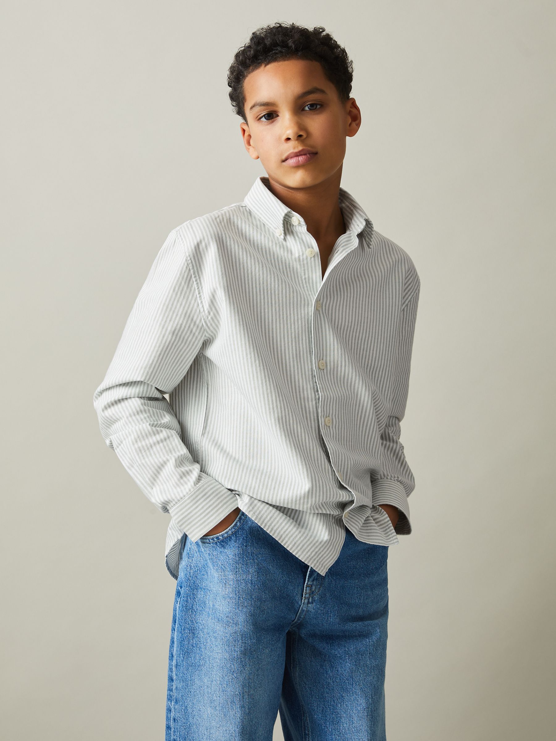 3-9 yrs Cotton Striped Oxford Shirt in Green/Offwhite - Image 3 of 4