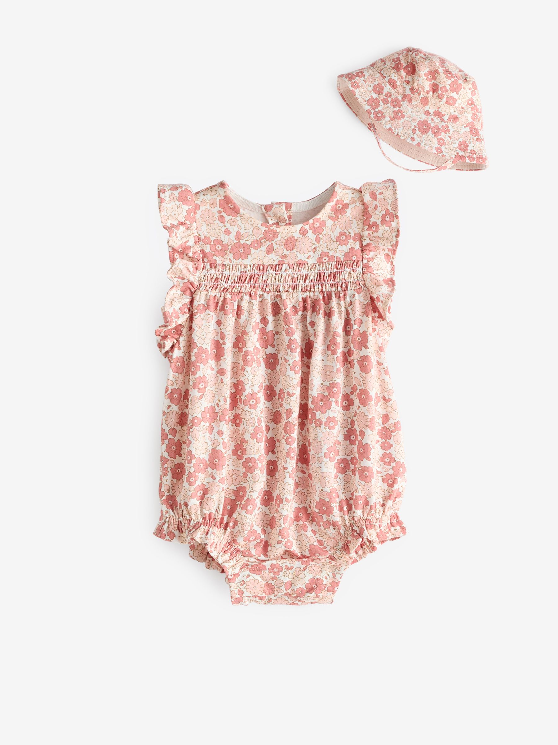 Pink Ruffle Print Baby Romper & Hat Set (Newborn-24mths) - Image 1 of 6