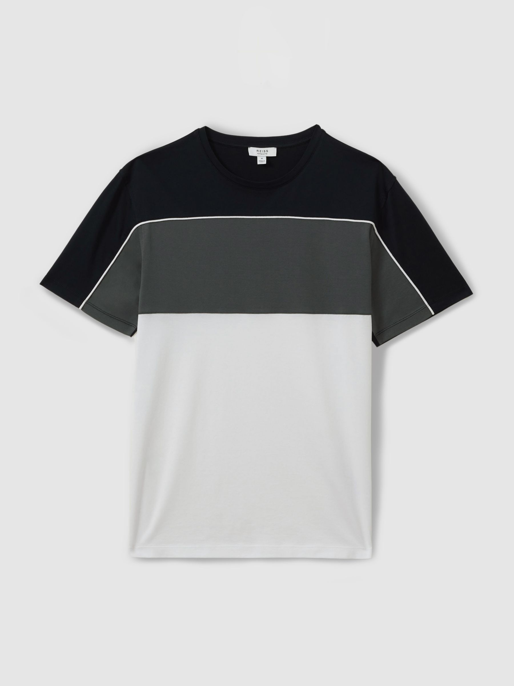 Mercerised Cotton Colourblock Crew Neck T-Shirt in Navy/White - Image 2 of 5