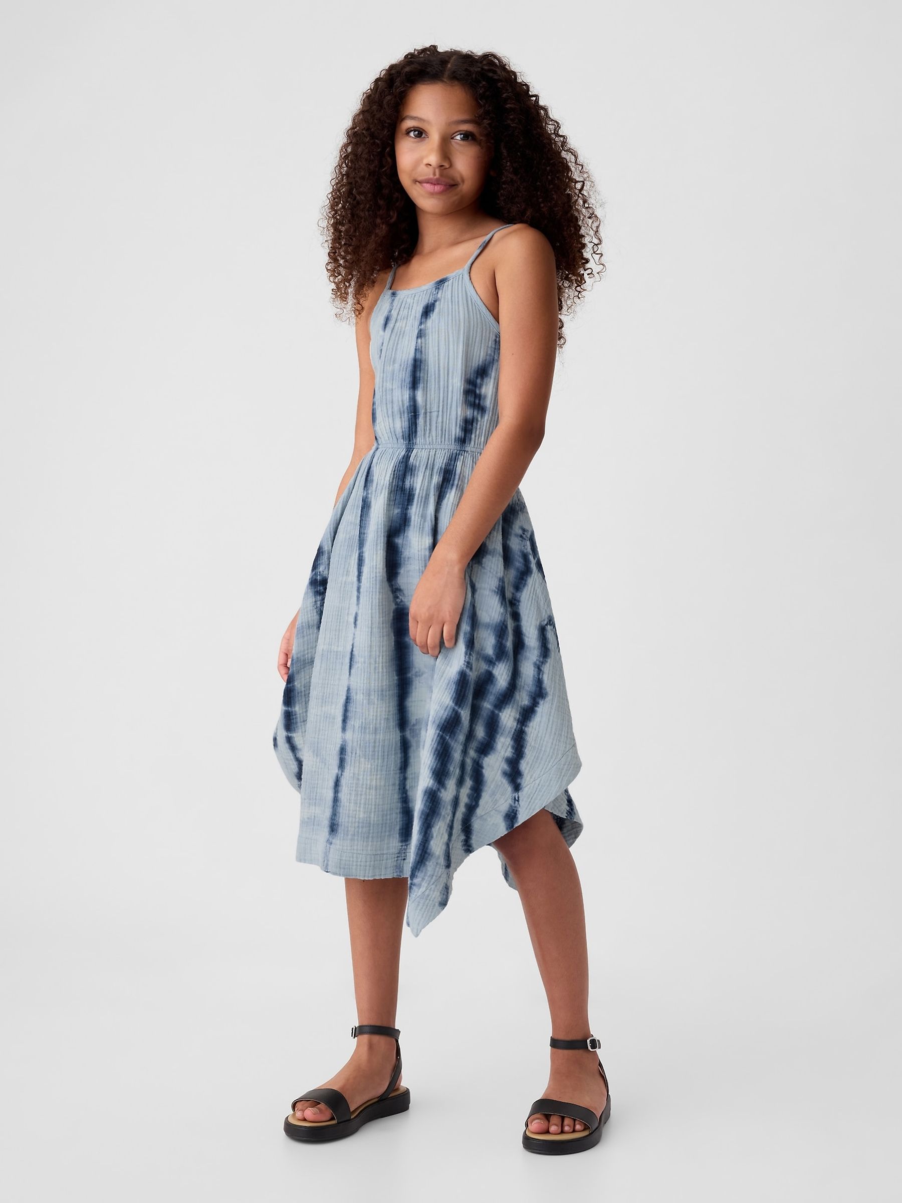 Blue Tie-Dye Crinkle Cotton Handkerchief Hem Midi Dress (4-13yrs) - Image 1 of 1