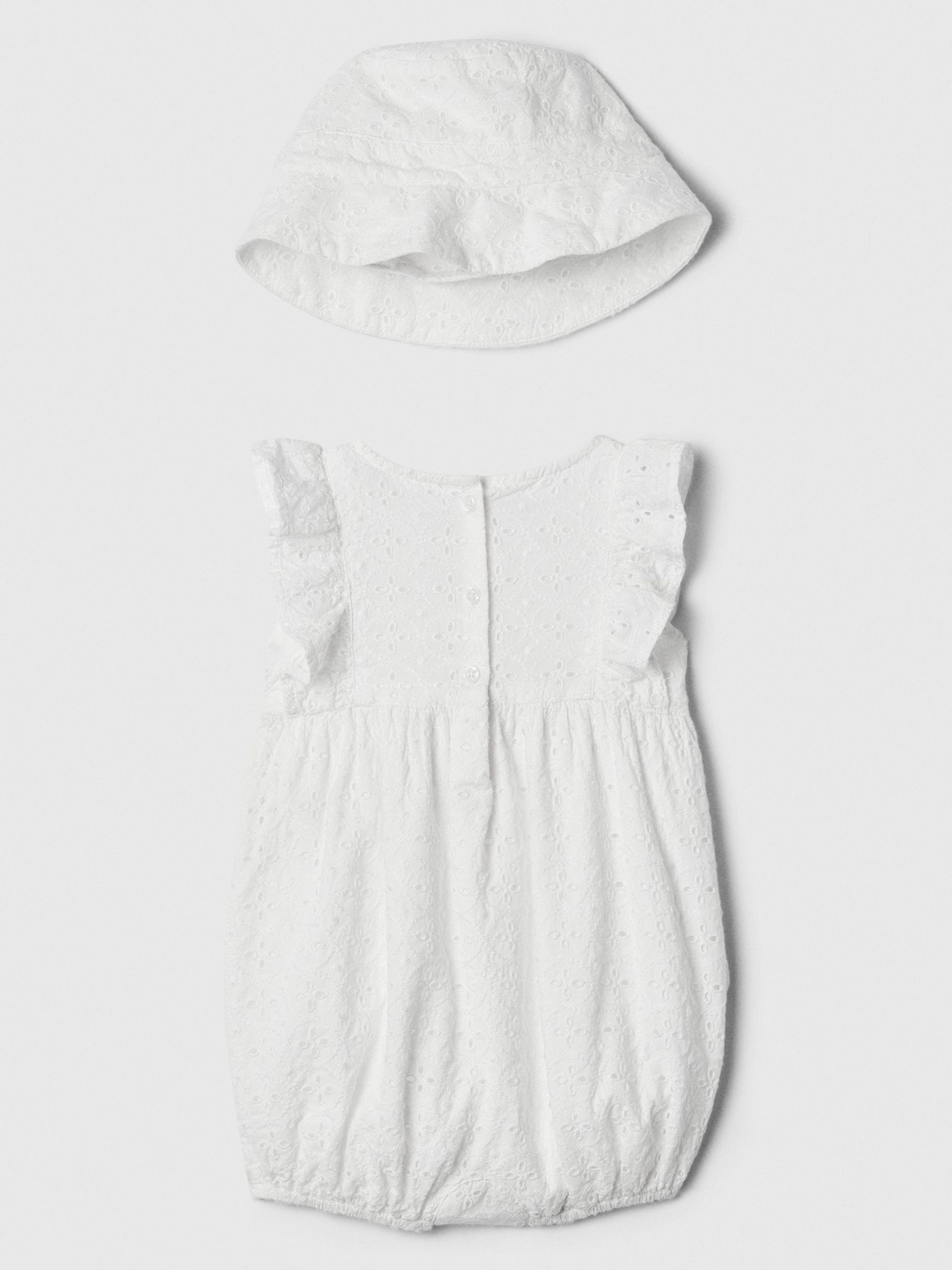 White Linen-Blend Print Rompersuit and Bucket Hat Set (Newborn-24mths) - Image 2 of 3