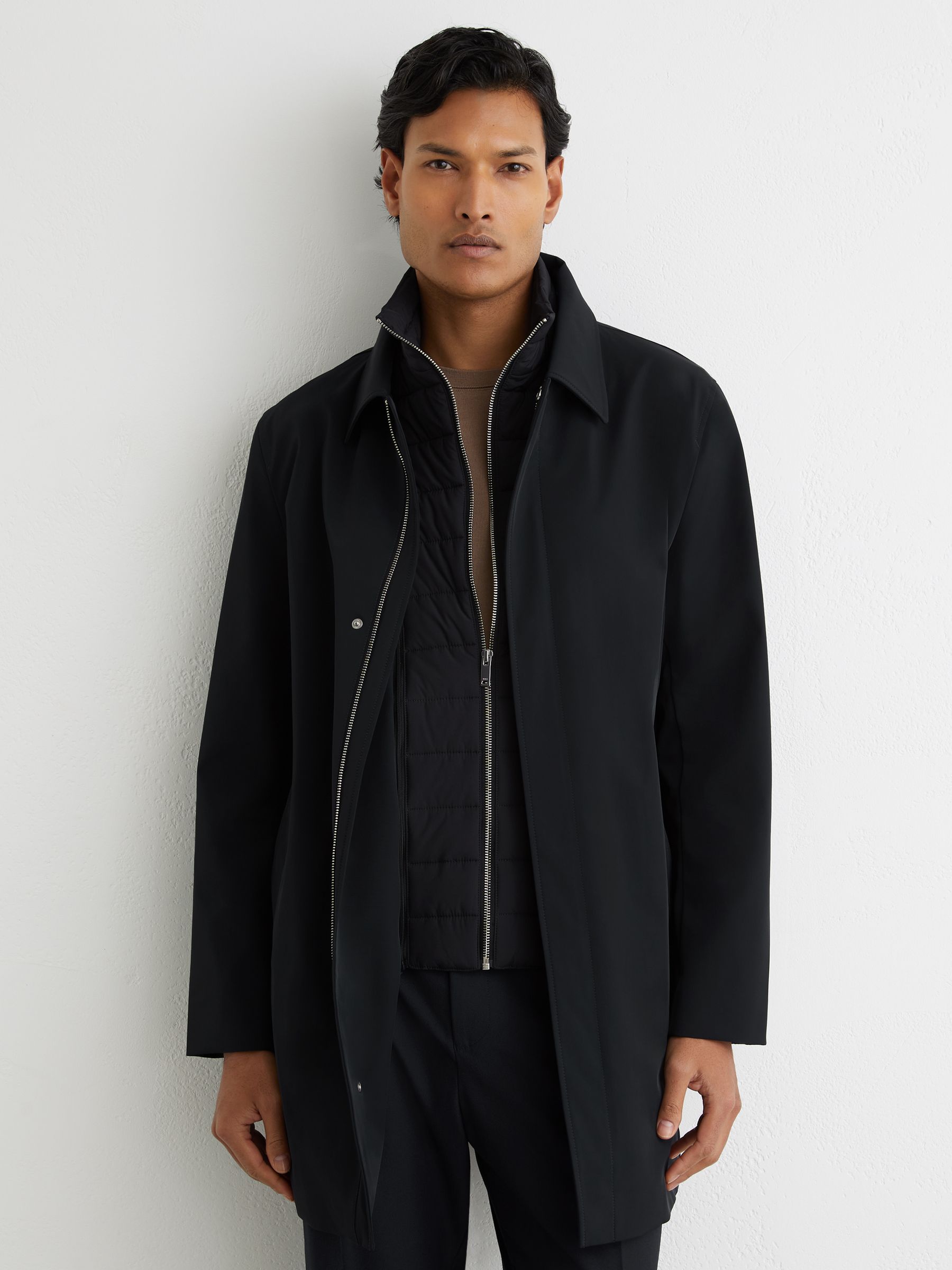 Reiss Hybrid Removable Funnel Neck Overcoat in Navy | REISS