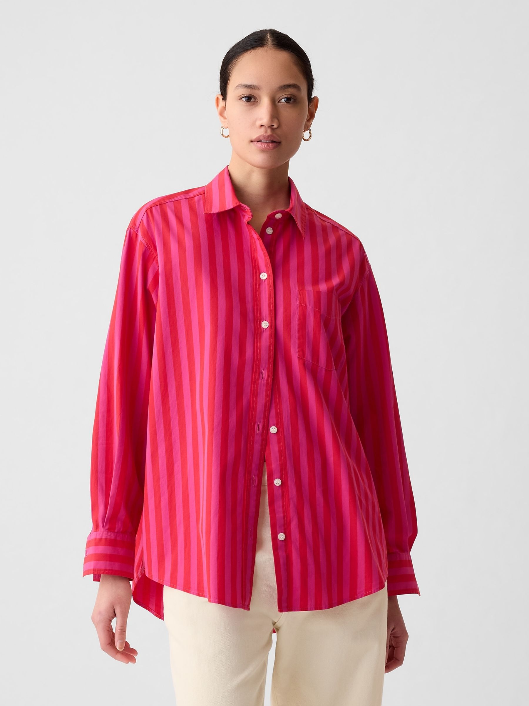 Red & Pink Stripe Organic Cotton Oversized Long Sleeve Shirt - Image 1 of 4