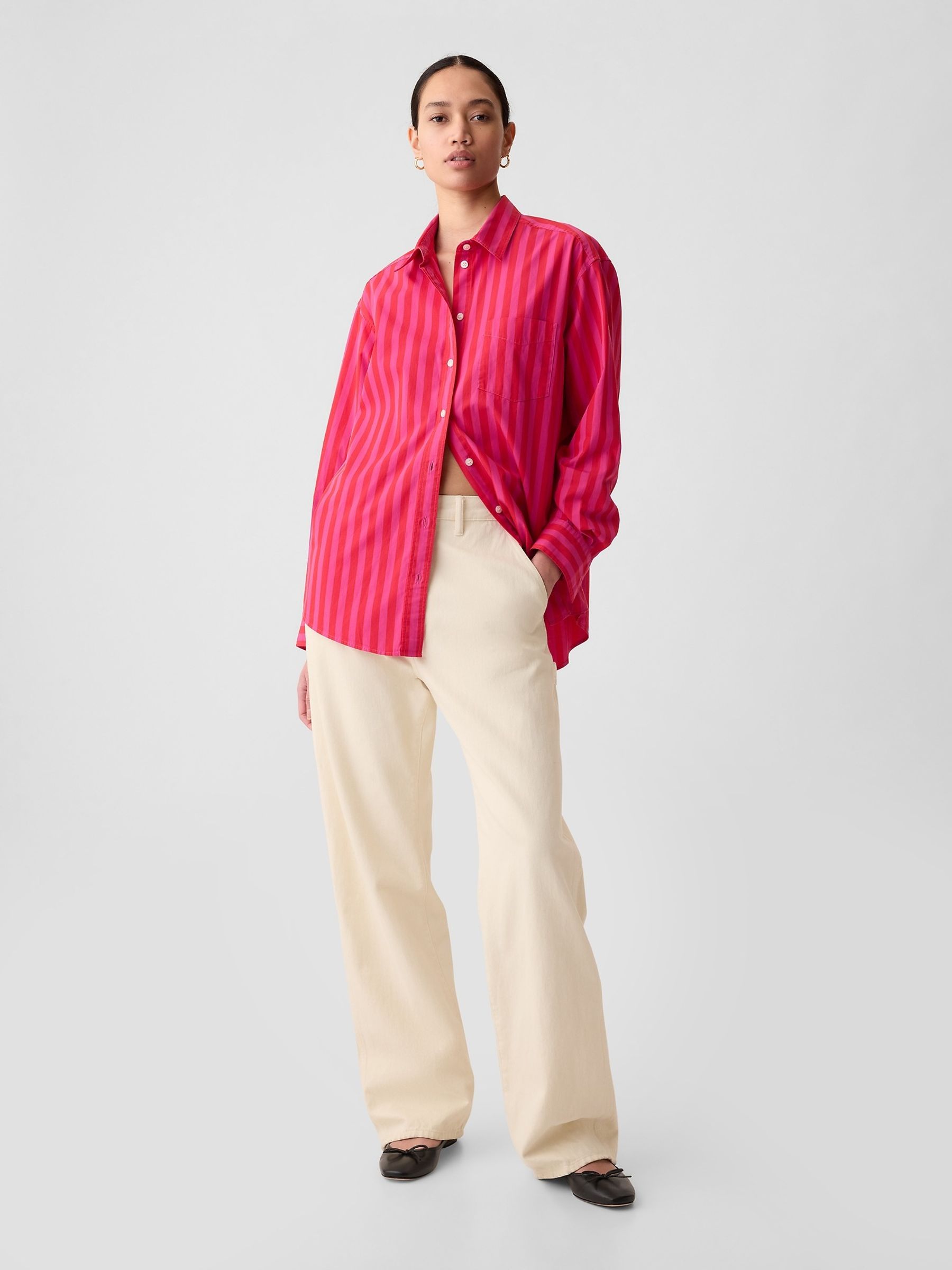 Red & Pink Stripe Organic Cotton Oversized Long Sleeve Shirt - Image 3 of 4