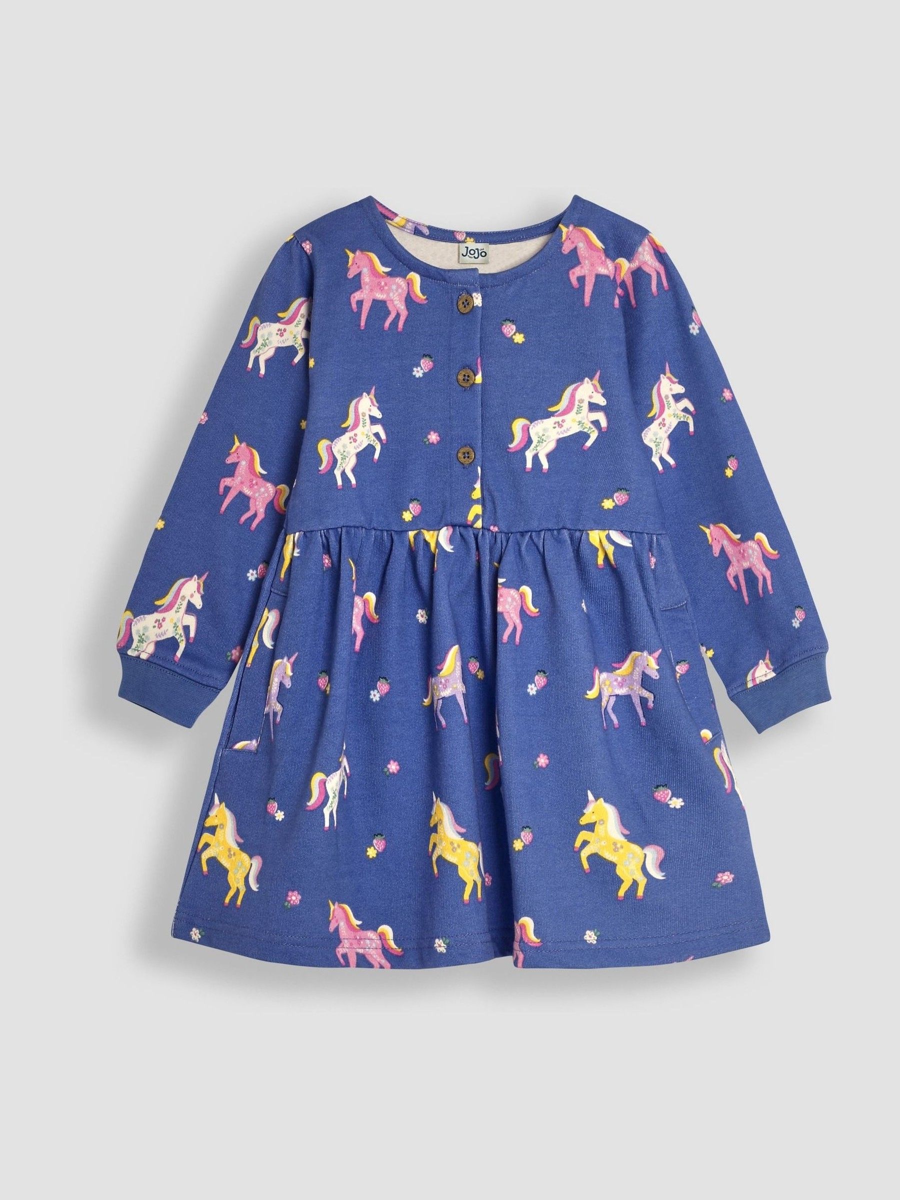 Cornflower Blue Unicorn Button Sweat Dress - Image 1 of 3