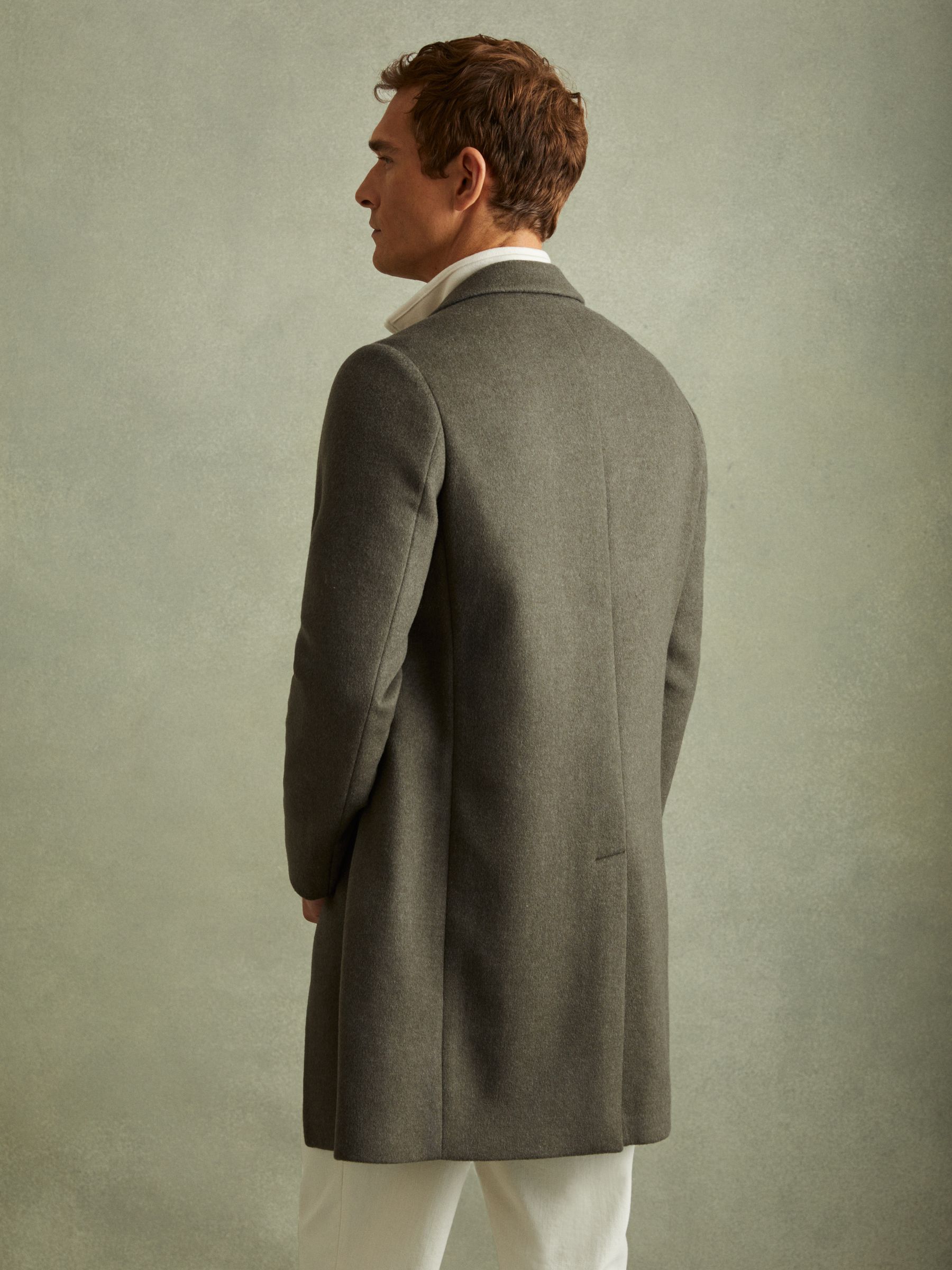 Wool Blend Single Breasted Epsom Overcoat in Green Smoke - Image 4 of 5