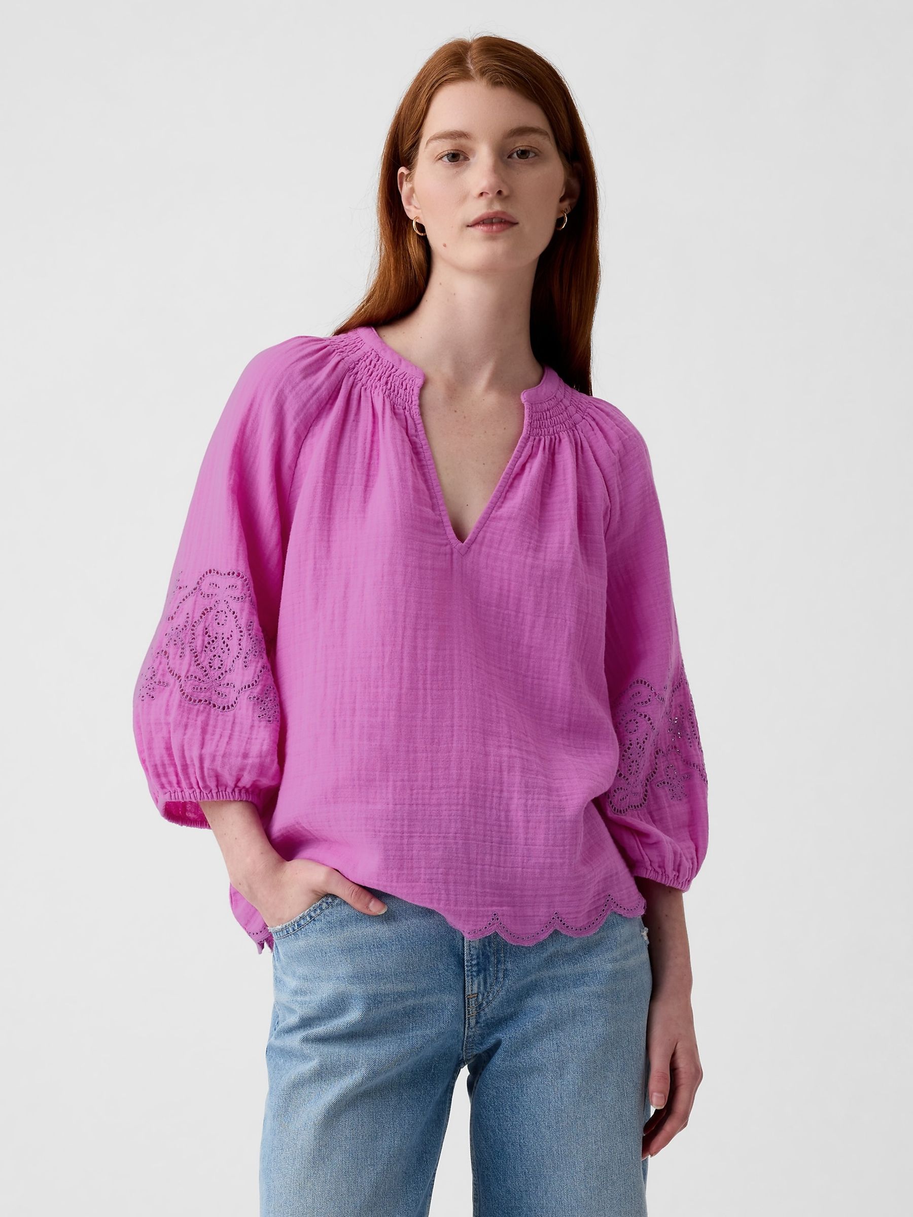 Pink Eyelet Puff Sleeve Shirt - Image 1 of 5