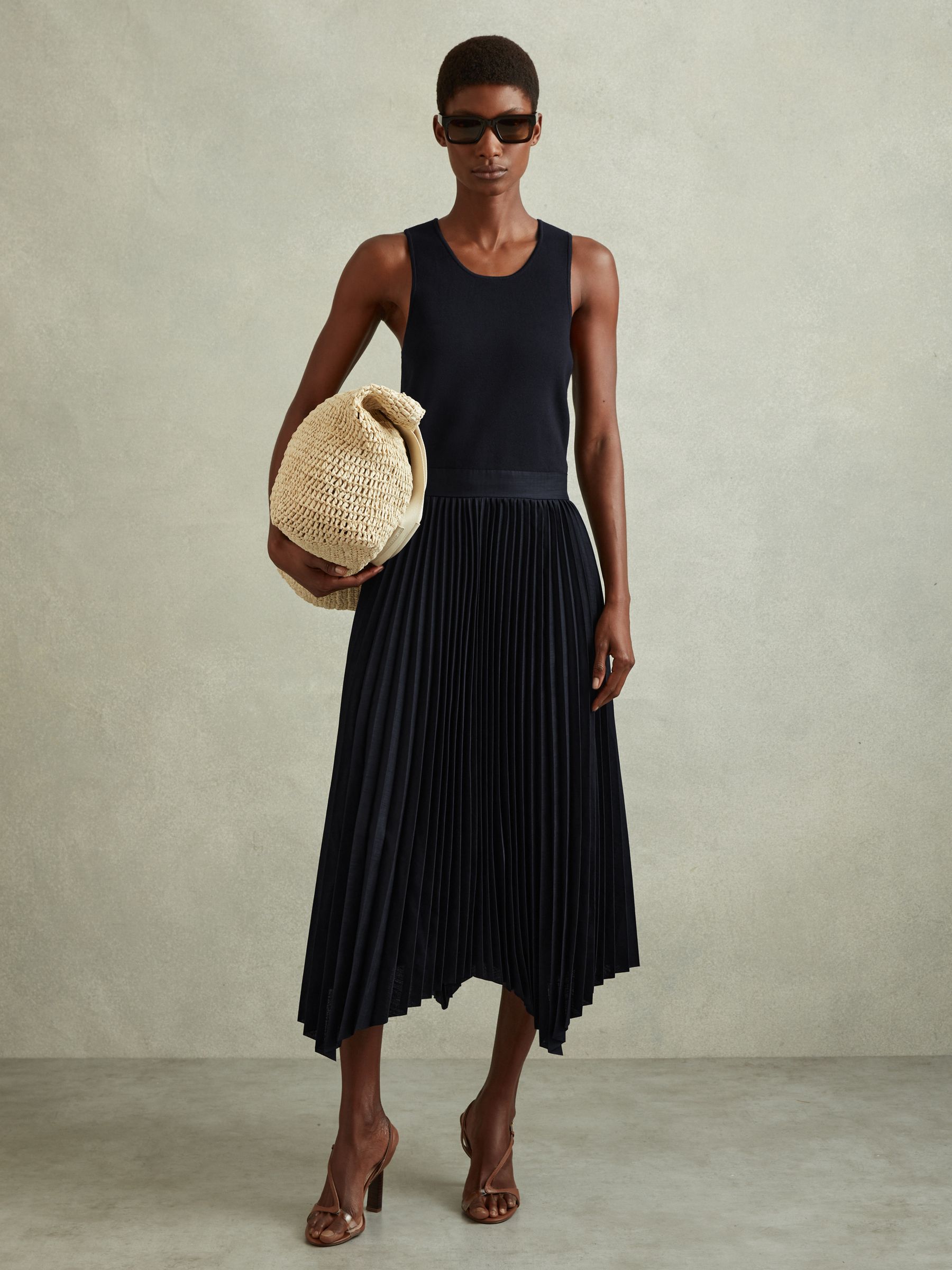 Knit Hybrid Midi Dress in Navy - Image 1 of 5