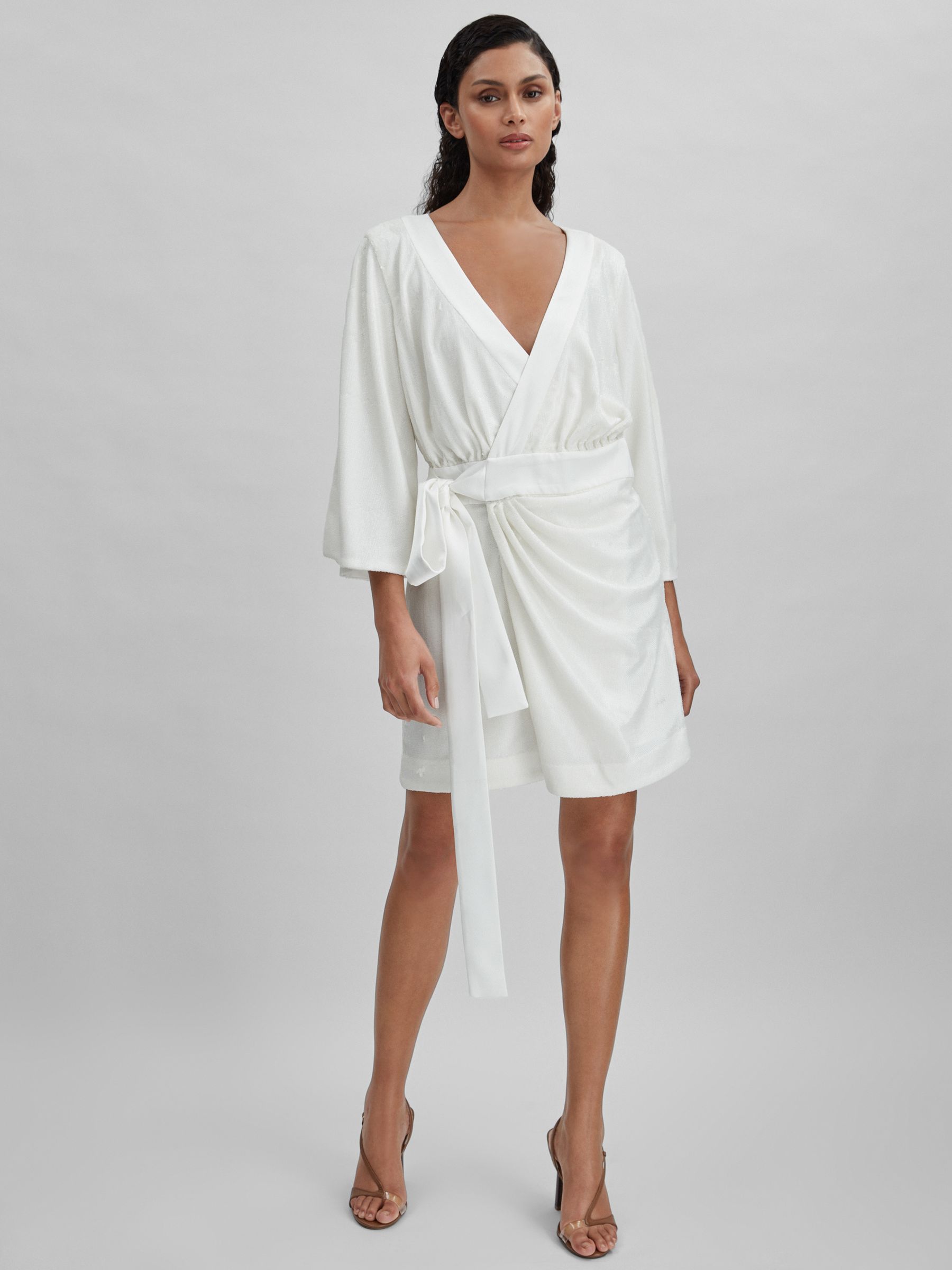 Halston Sequin Side Tie Mini Dress in Chalk - Image 1 of 5