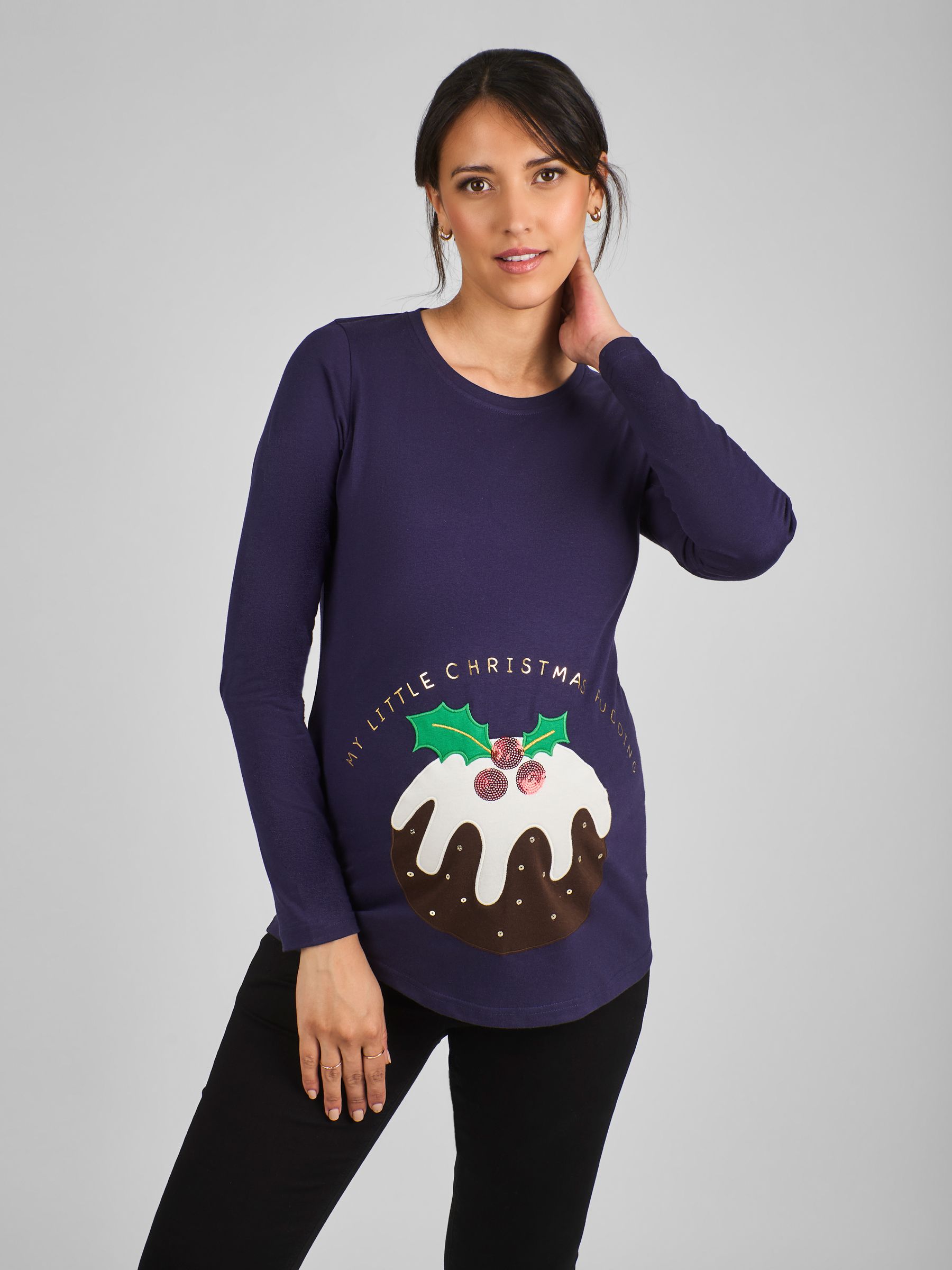 Navy Blue Christmas Pudding Cotton Maternity Top - Image 1 of 4