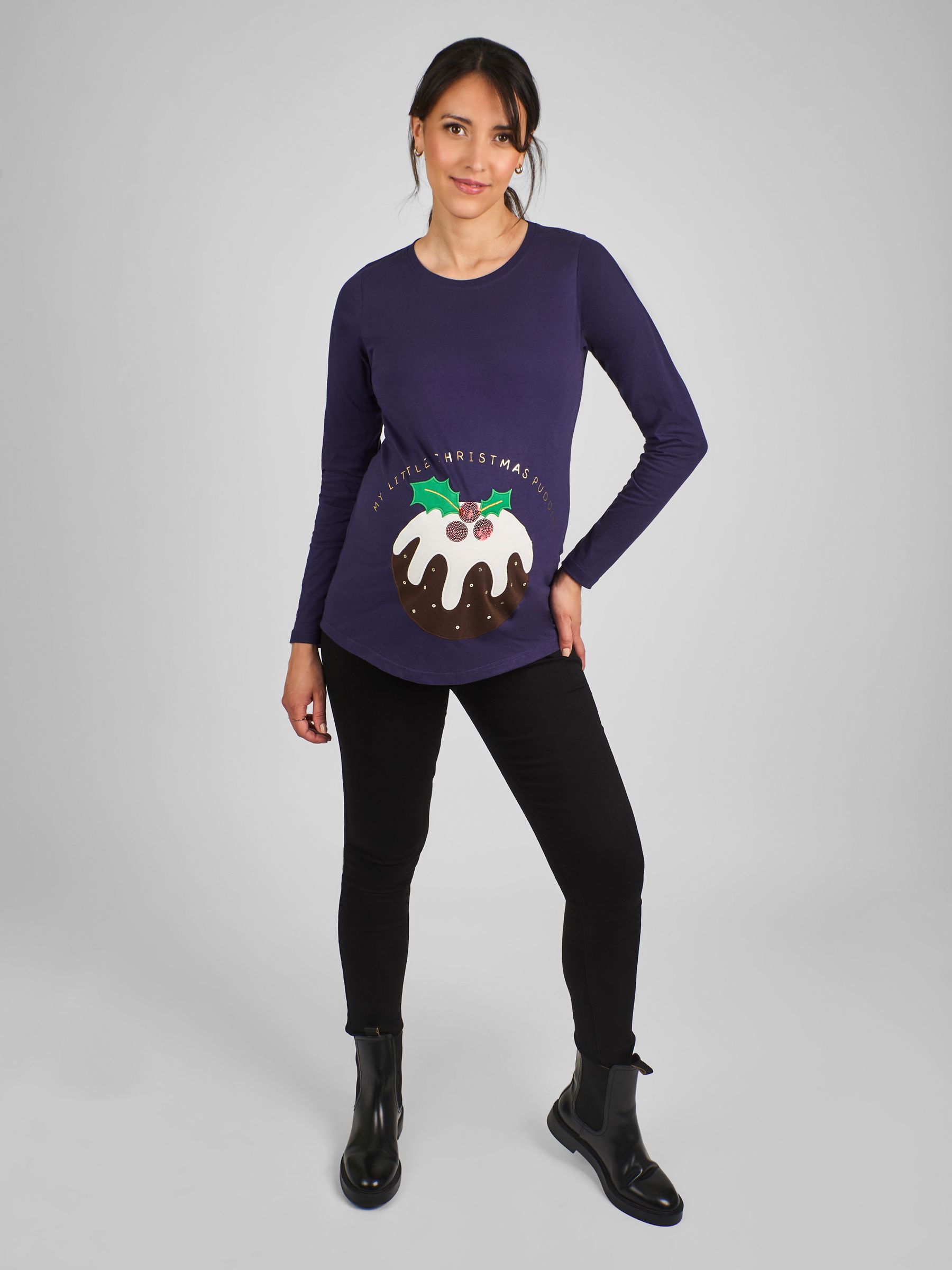Navy Blue Christmas Pudding Cotton Maternity Top - Image 3 of 4