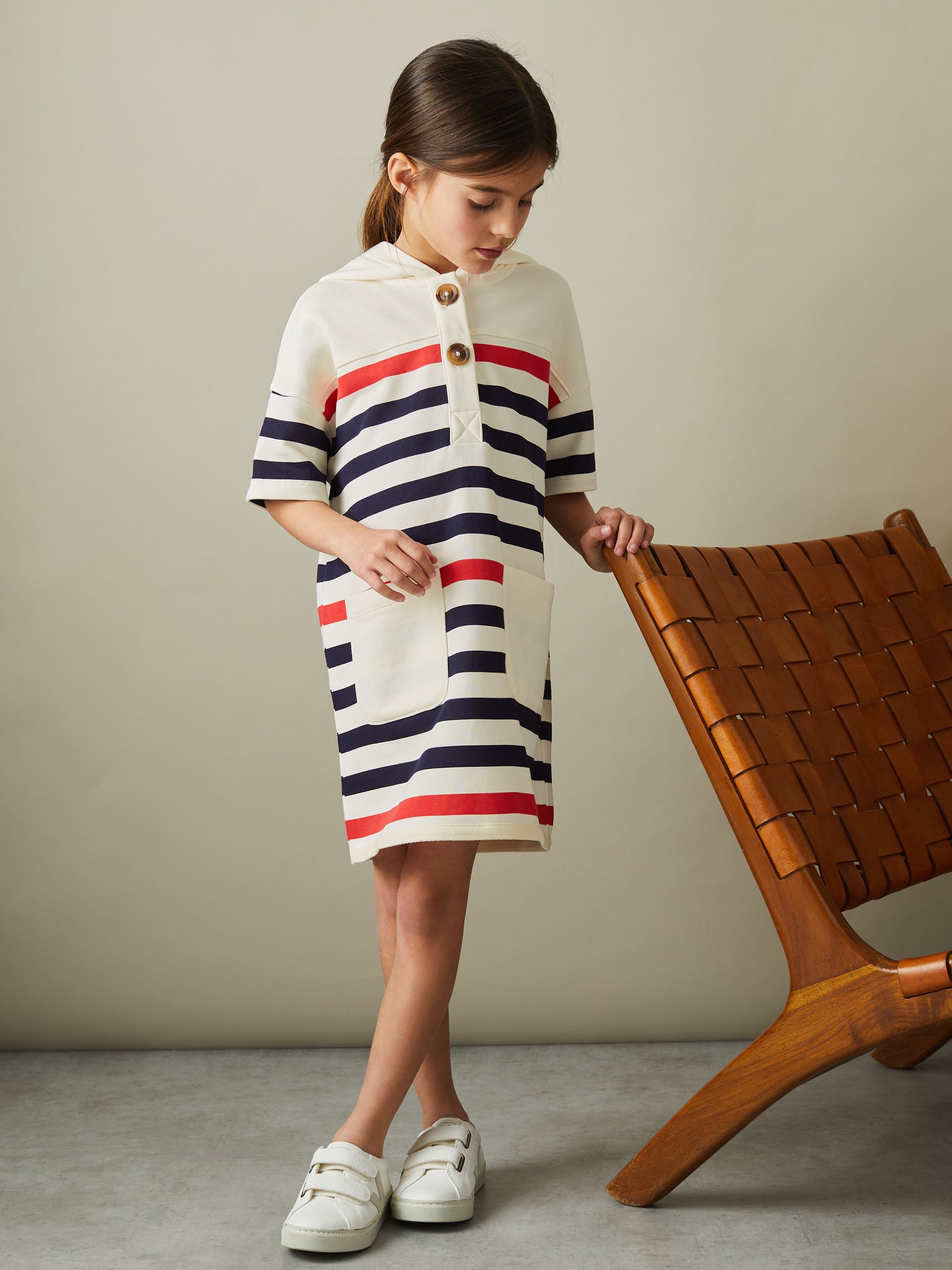 9-13 yrs Striped Jersey Hooded Dress in Ecru - Image 1 of 4